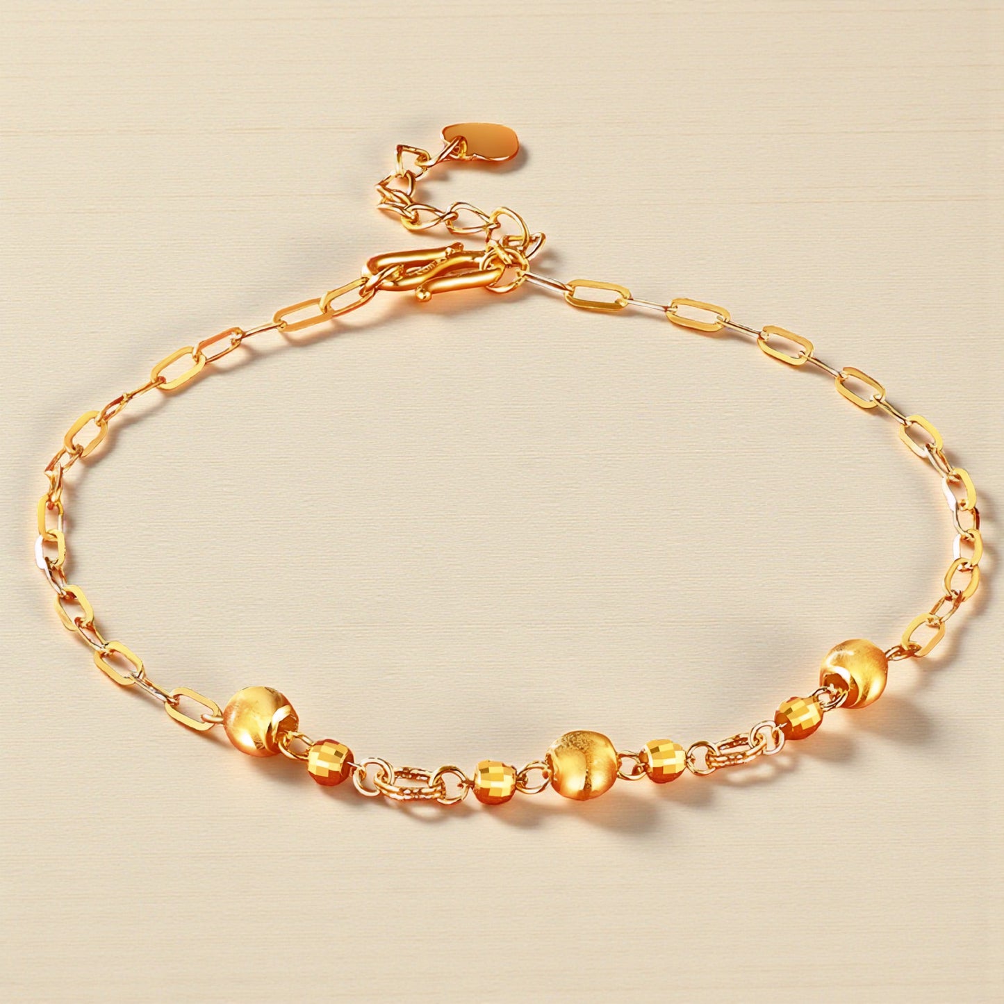 24K Yellow Gold Cat Eye Shinning Beads Charm Chain Bracelet