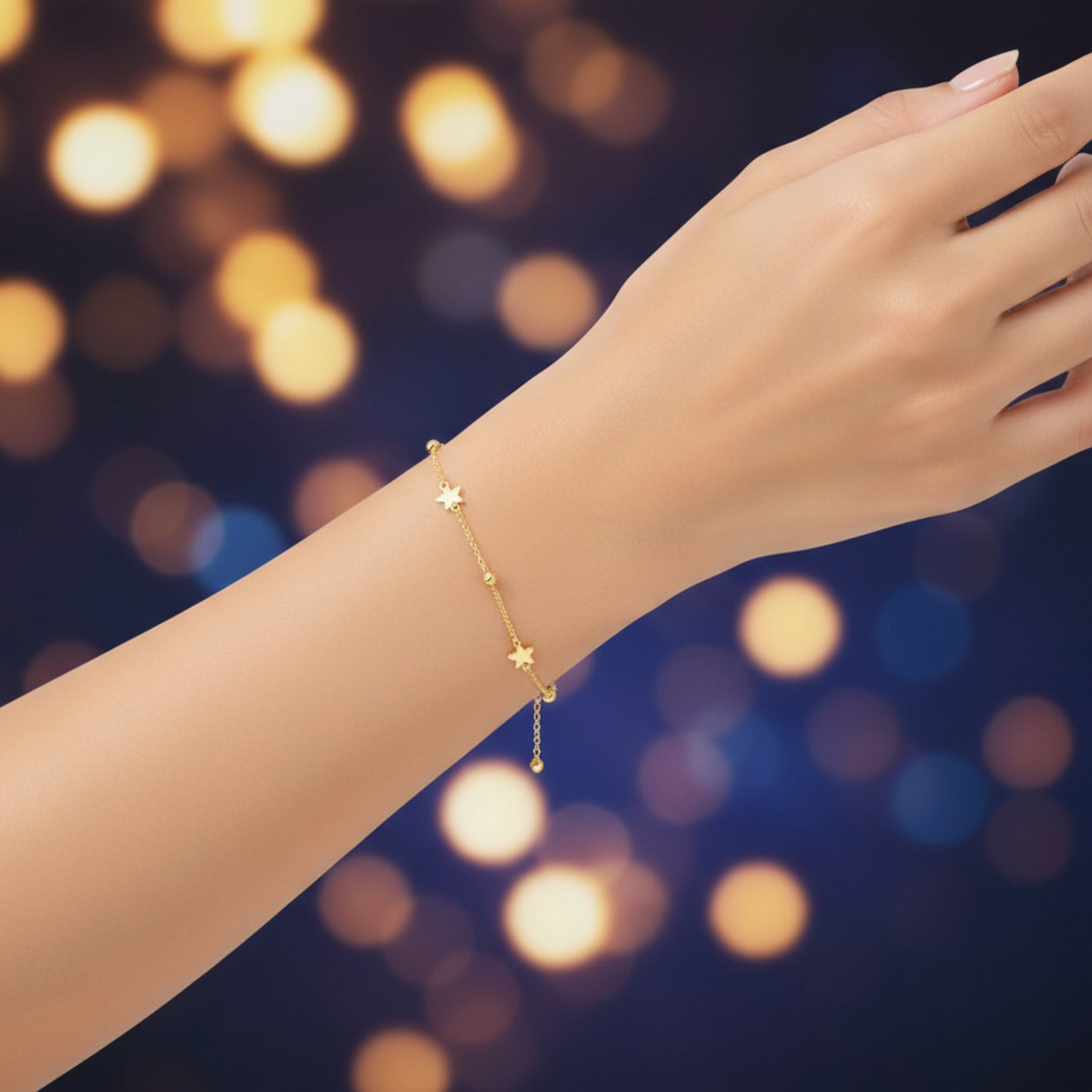 24K Yellow Gold Star Charm Chain Bracelet