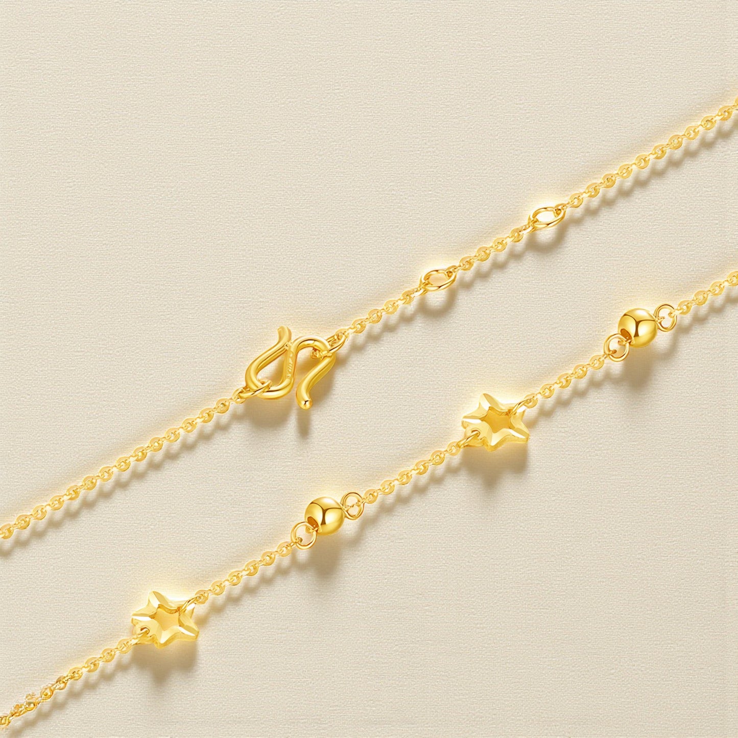24K Yellow Gold Star Charm Chain Bracelet