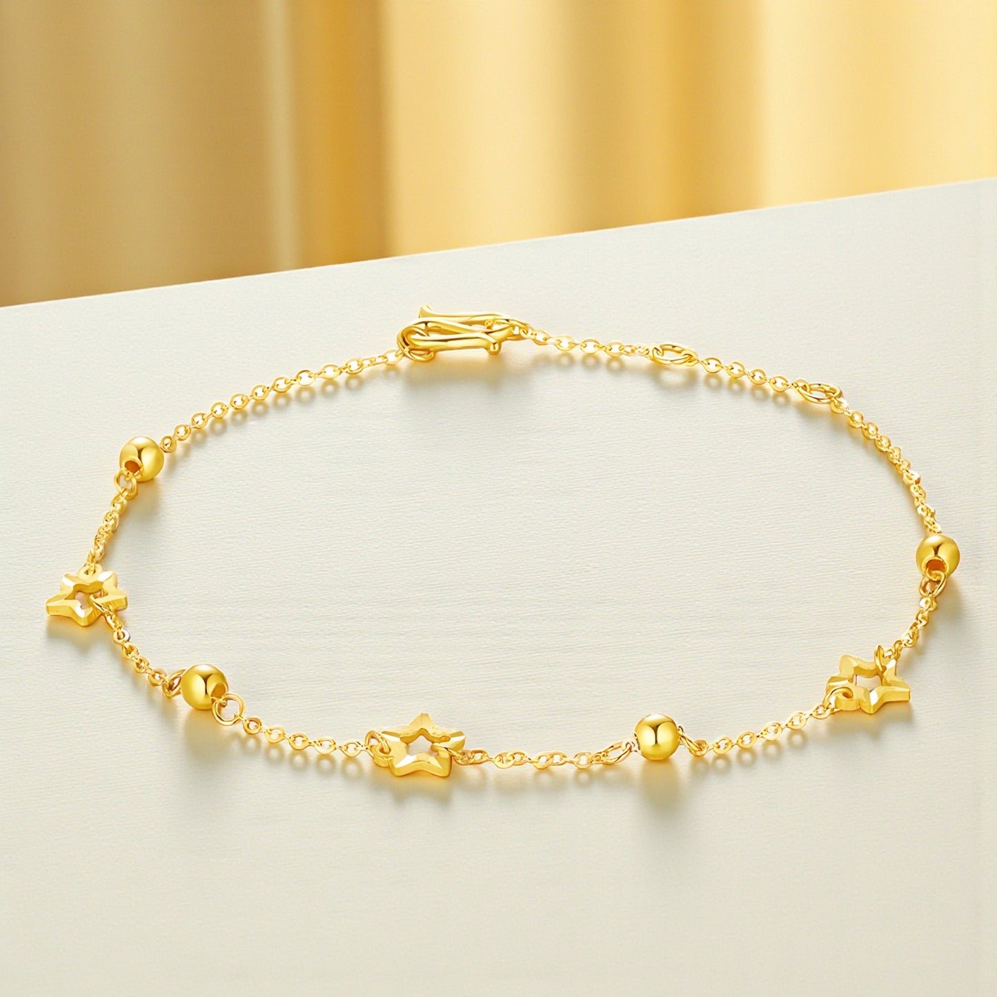 24K Yellow Gold Star Charm Chain Bracelet
