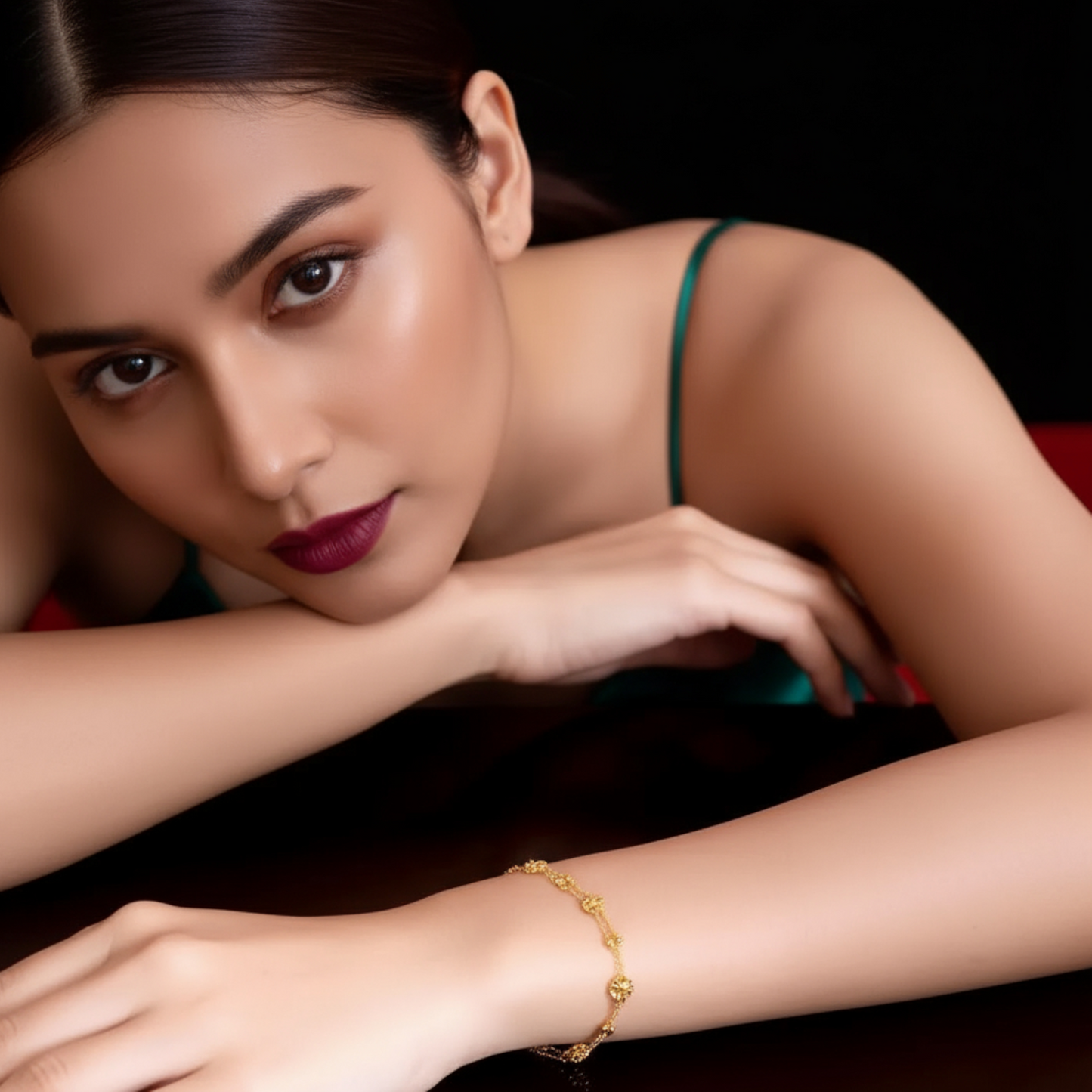 24K Pure Gold Floral Charm Elegant Double-Layered Flower Chain Bracelet