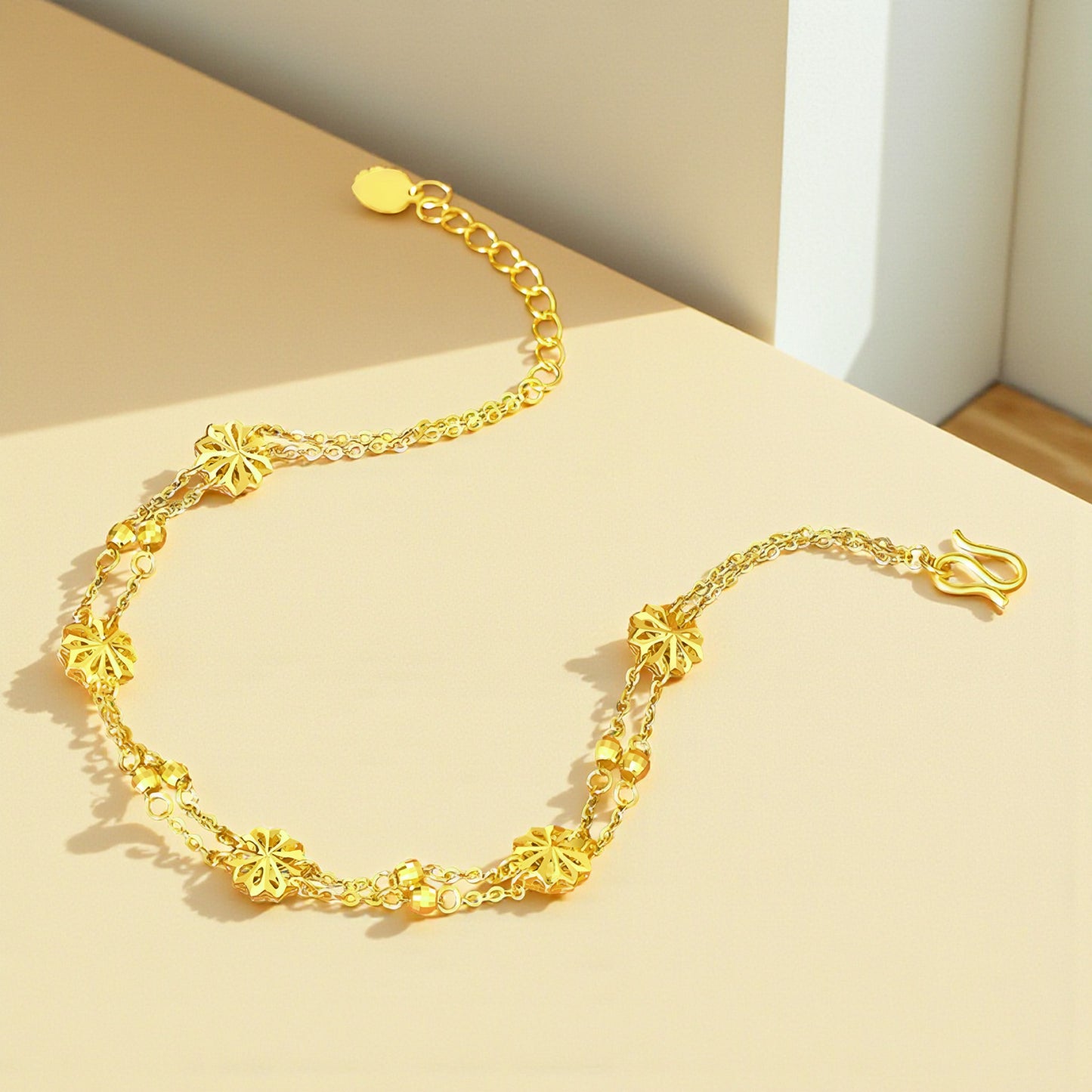 24K Pure Gold Floral Charm Elegant Double-Layered Flower Chain Bracelet