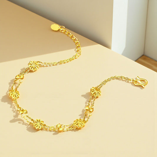 24K Pure Gold Floral Charm Elegant Double-Layered Flower Chain Bracelet