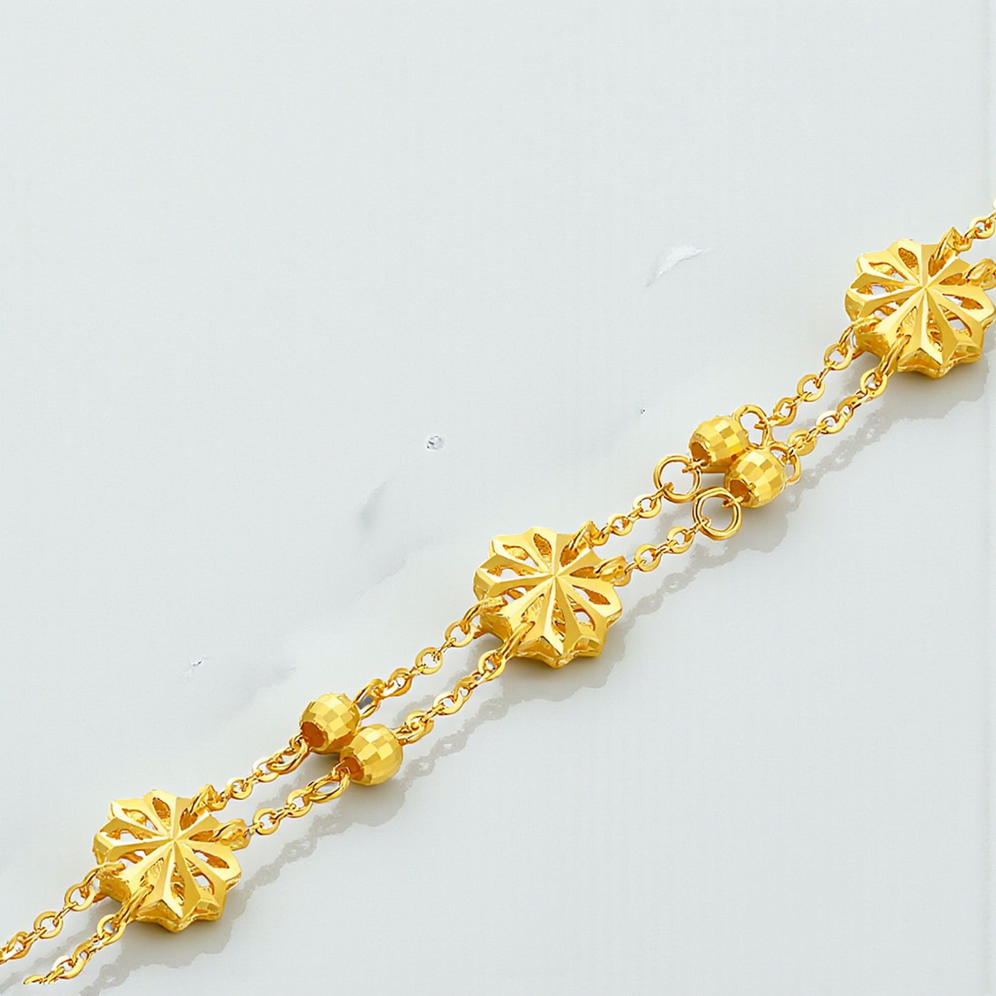 24K Pure Gold Floral Charm Elegant Double-Layered Flower Chain Bracelet
