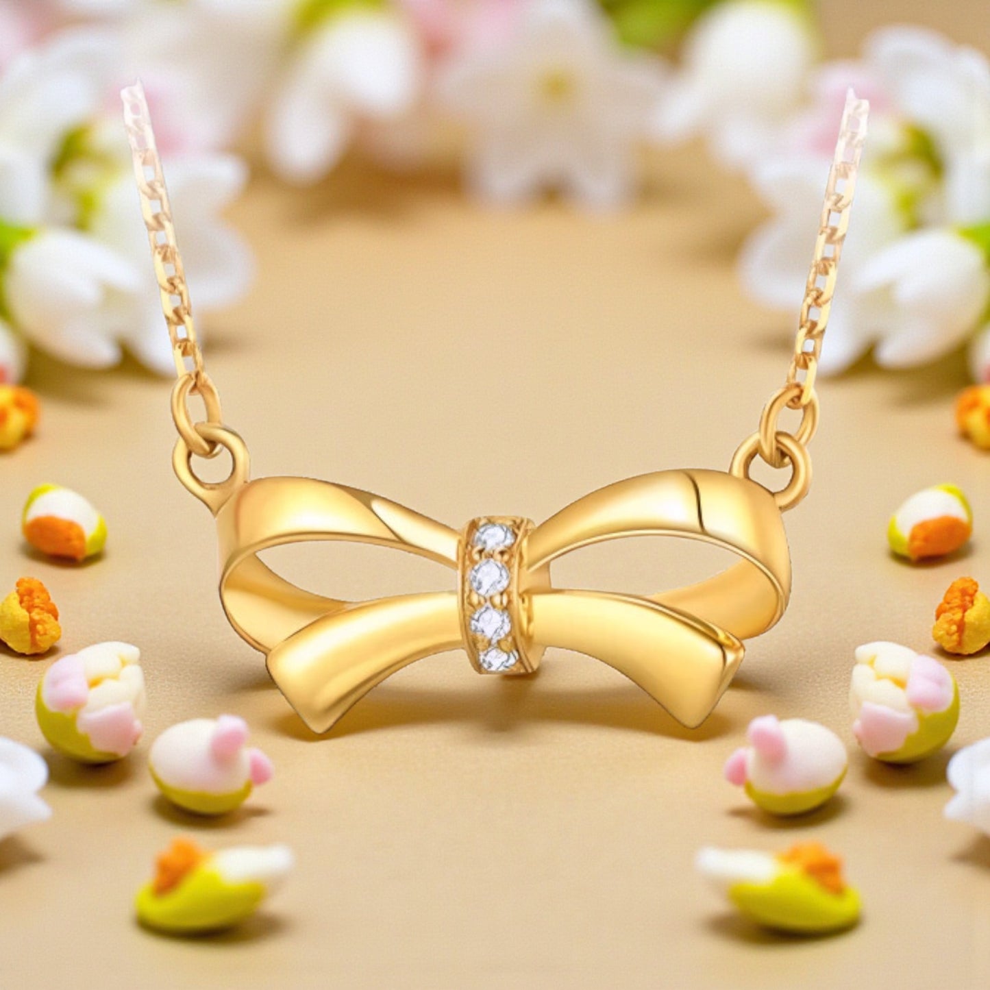 18K Gold Diamond Bow Bowtie Pendant Luxurious charm Necklace