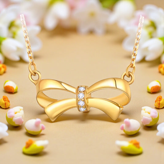 18K Gold Diamond Bow Bowtie Pendant Luxurious charm Necklace