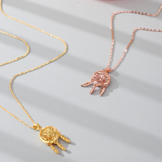 18K Gold Rose Gold Dreamcatcher Hollow Design Pendant Luxurious charm Necklace