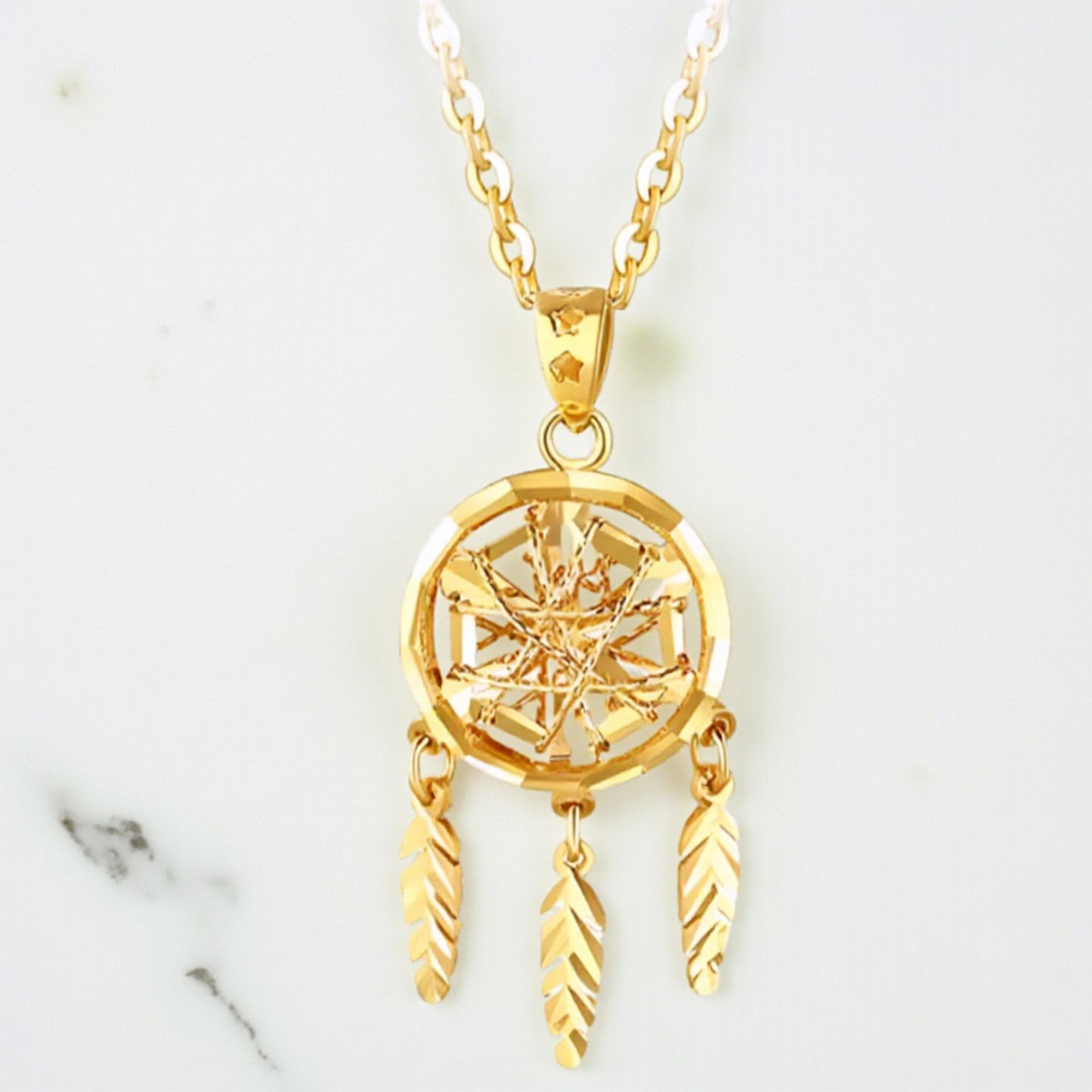 18K Gold Rose Gold Dreamcatcher Hollow Design Pendant Luxurious charm Necklace