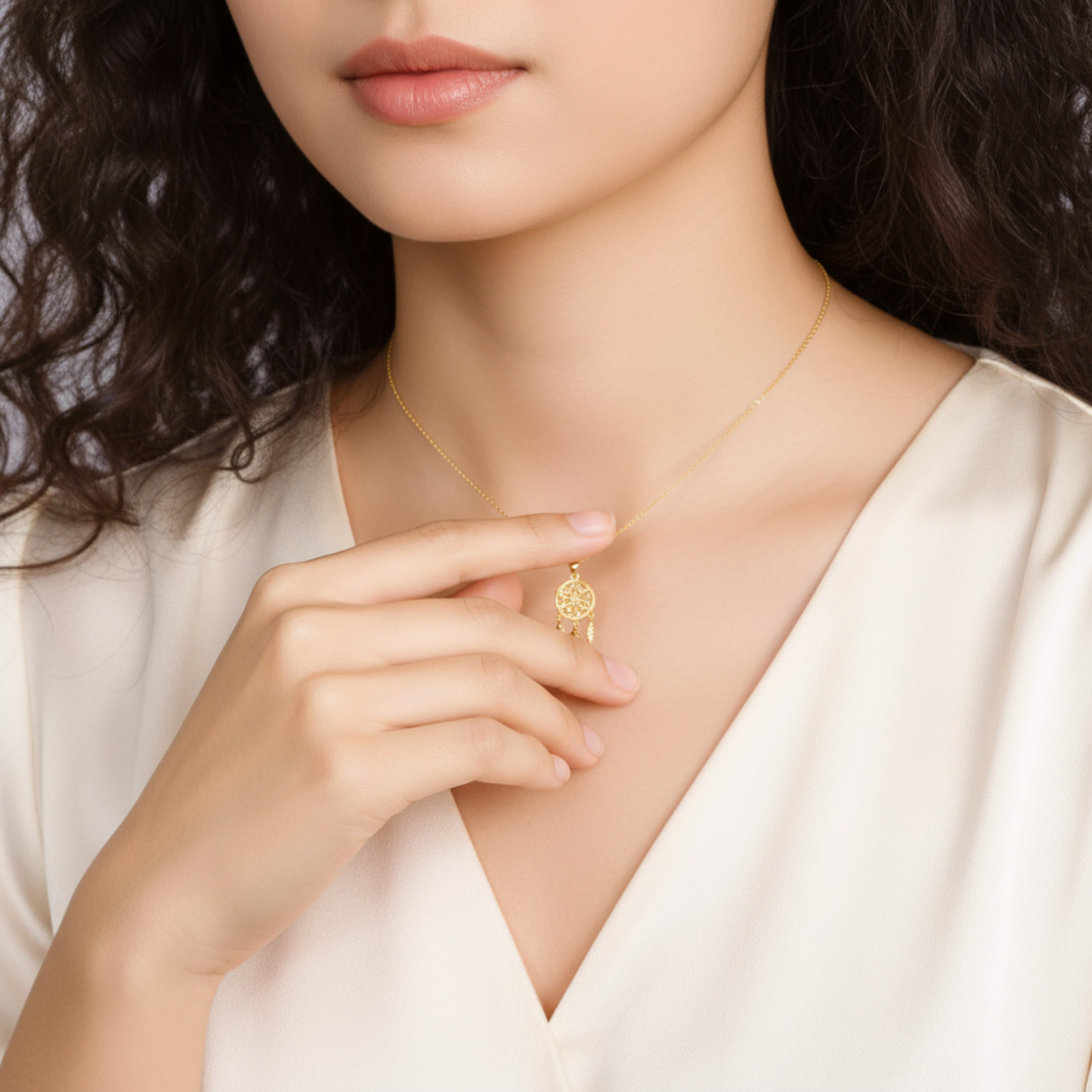 18K Gold Rose Gold Dreamcatcher Hollow Design Pendant Luxurious charm Necklace