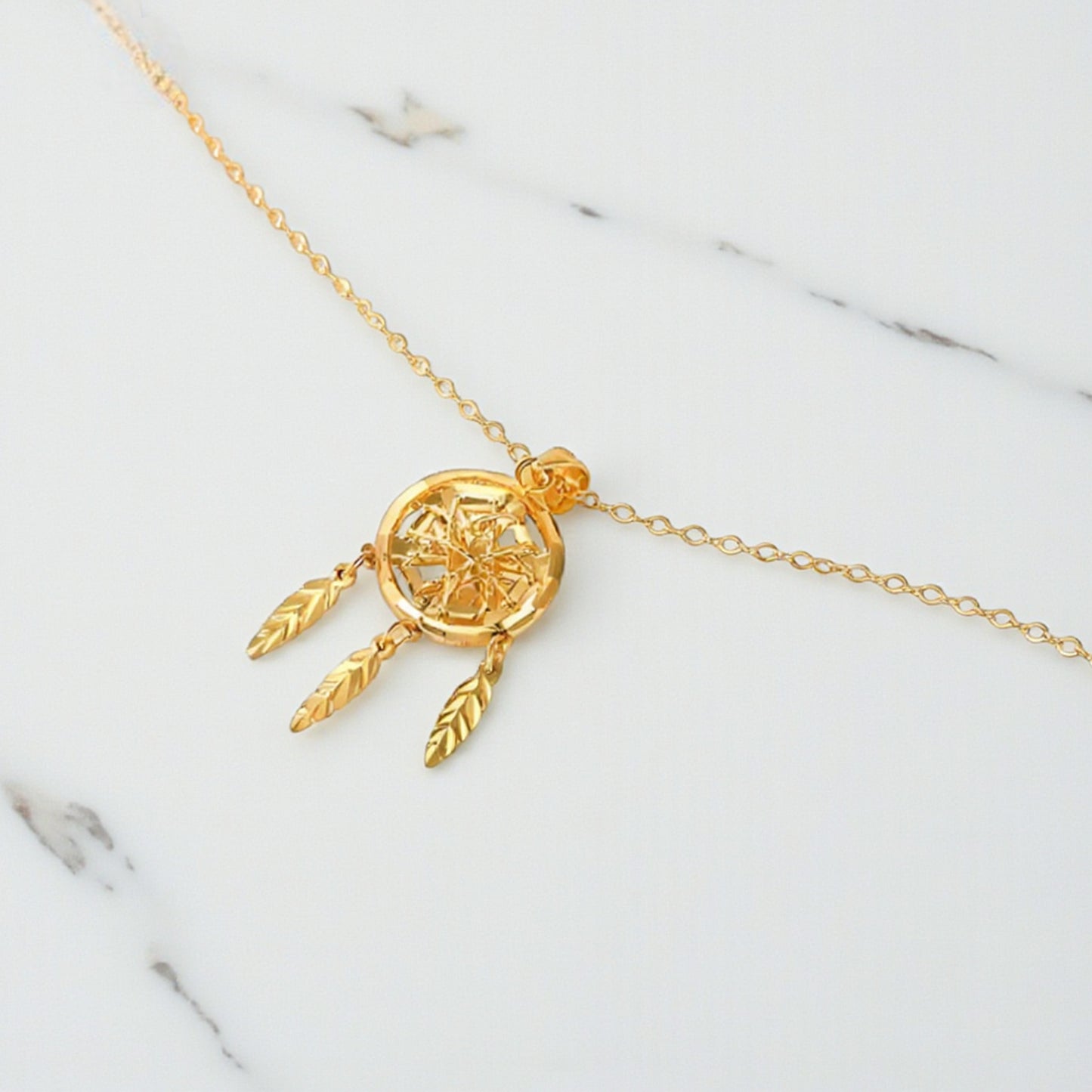 18K Gold Rose Gold Dreamcatcher Hollow Design Pendant Luxurious charm Necklace