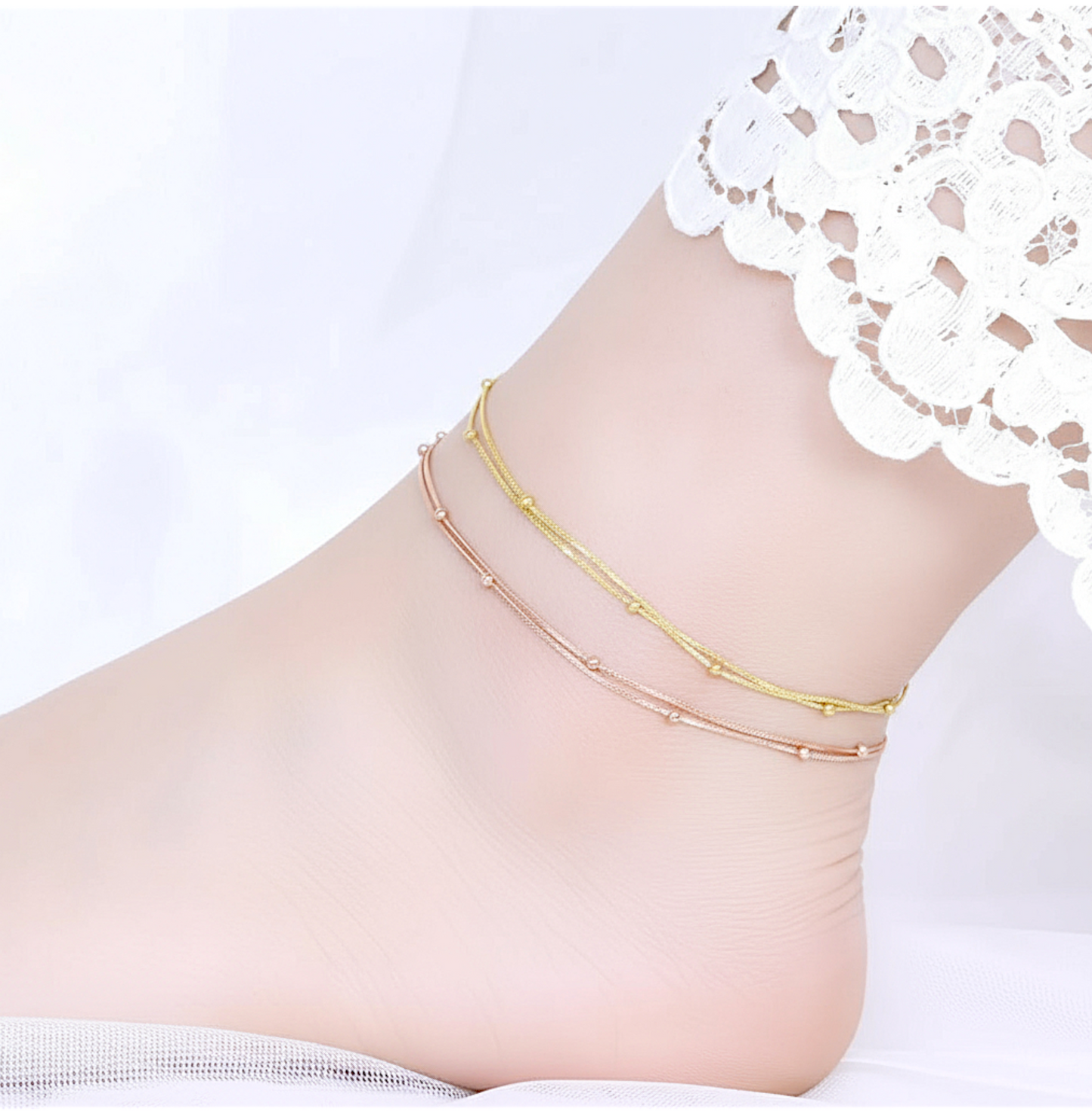 18K Yellow Gold Rose Gold Minimal Chopin Double Layer Beads Anklet