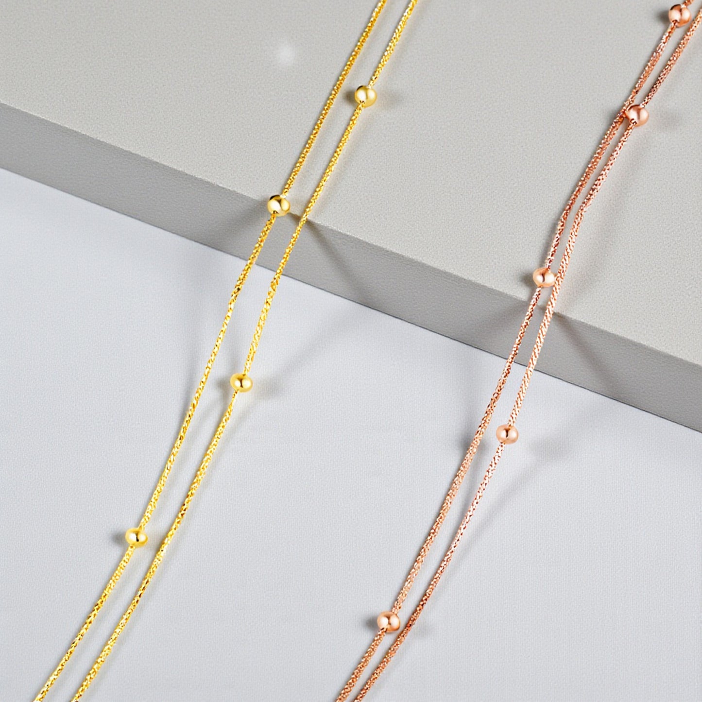 18K Yellow Gold Rose Gold Minimal Chopin Double Layer Beads Anklet