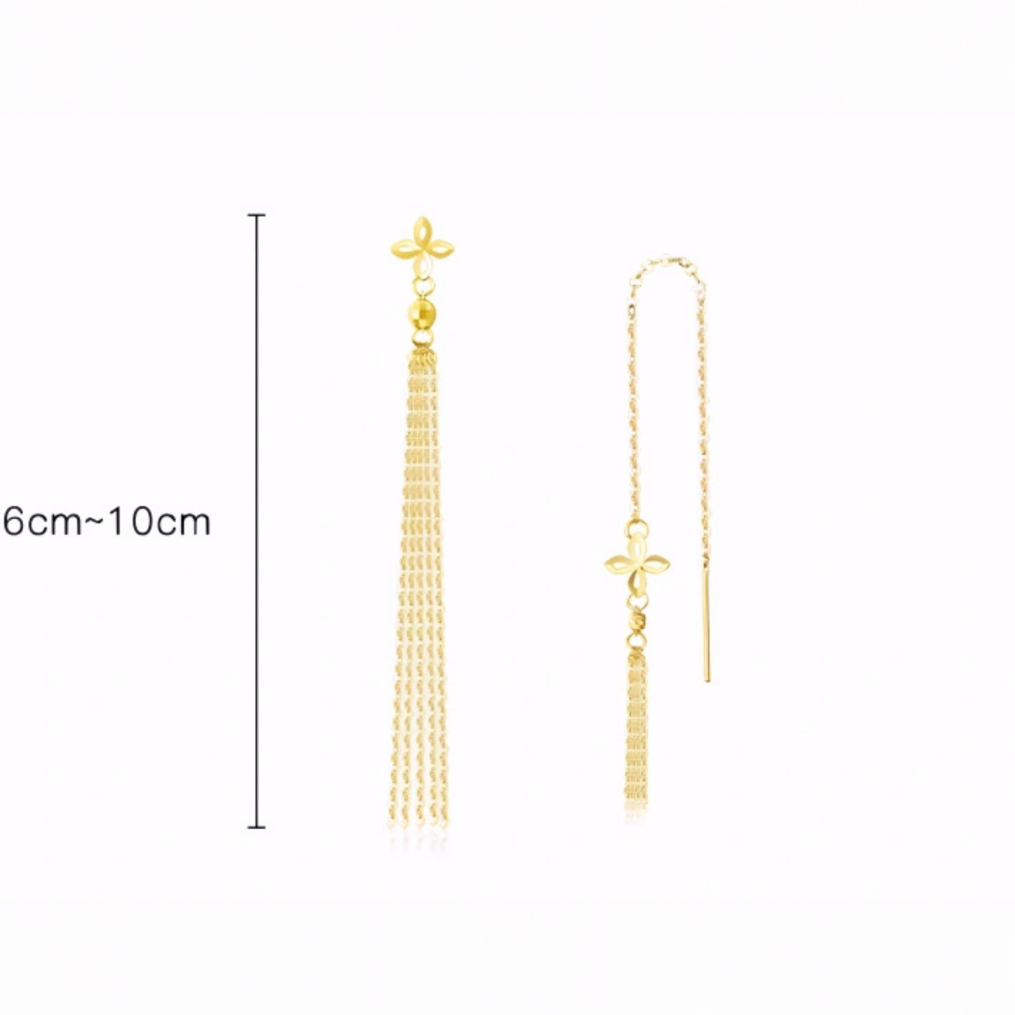 18K Gold Trendy Four Leaf Clover Charm Chain Long Tassel Threader or Stud Earrings