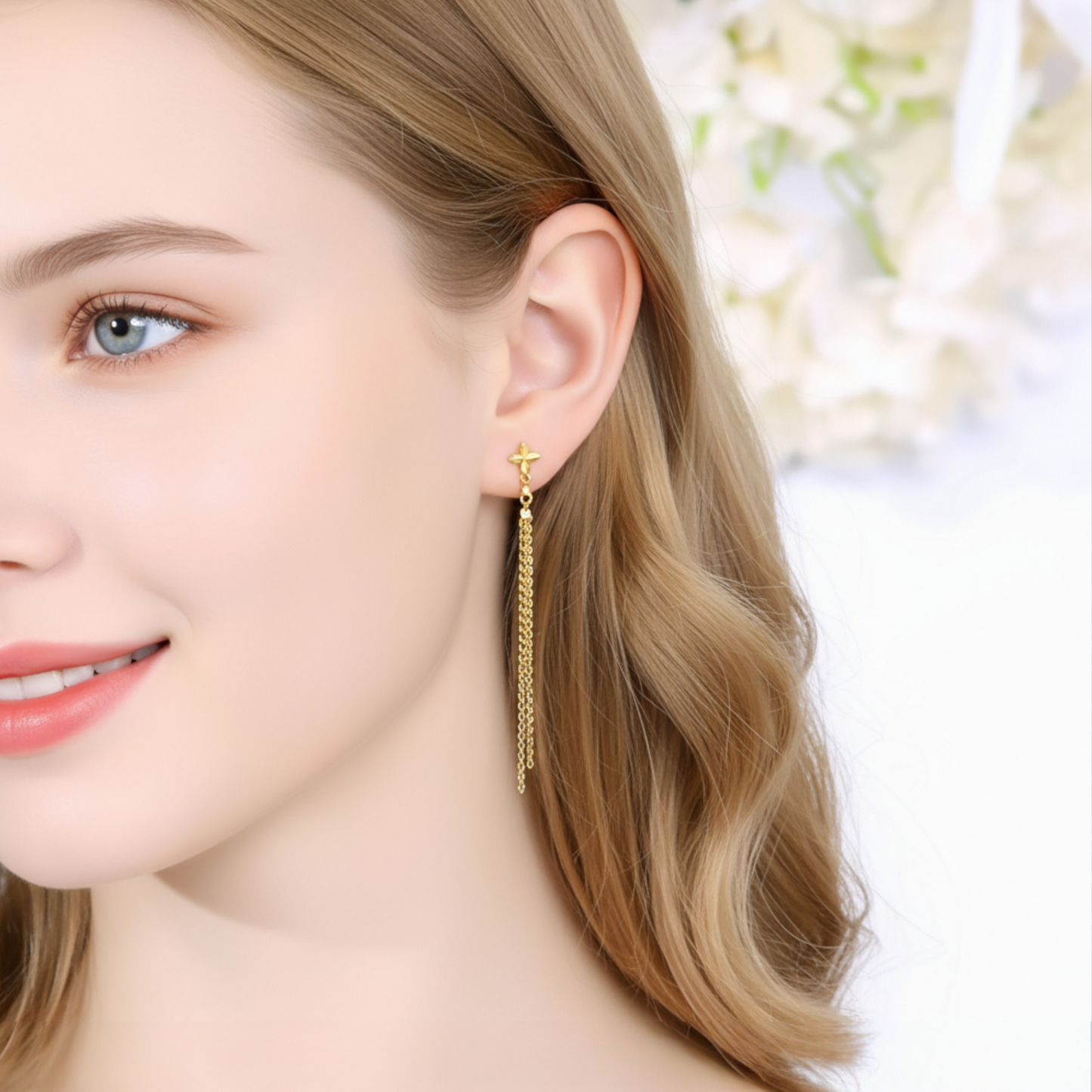 18K Gold Trendy Four Leaf Clover Charm Chain Long Tassel Threader or Stud Earrings