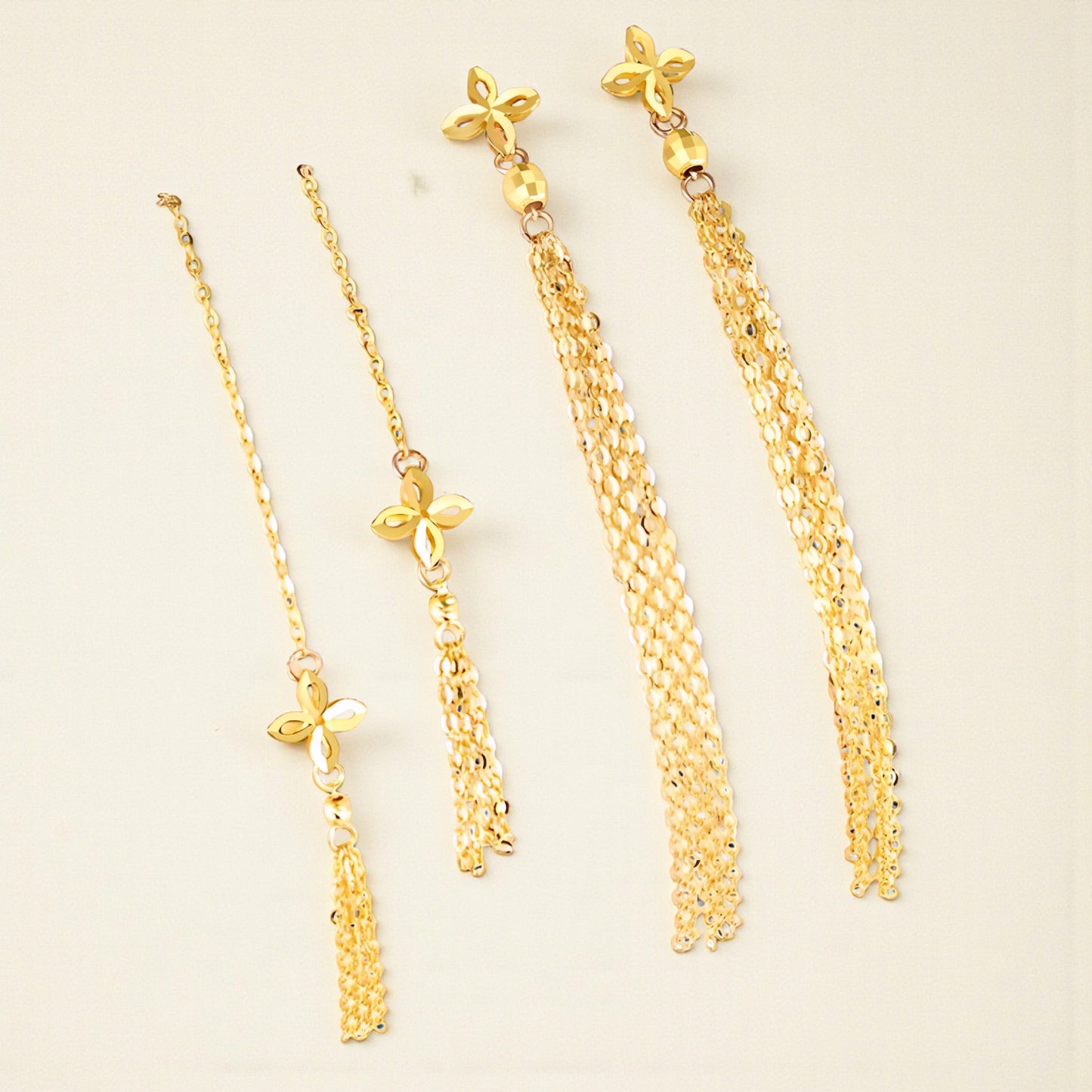 18K Gold Trendy Four Leaf Clover Charm Chain Long Tassel Threader or Stud Earrings