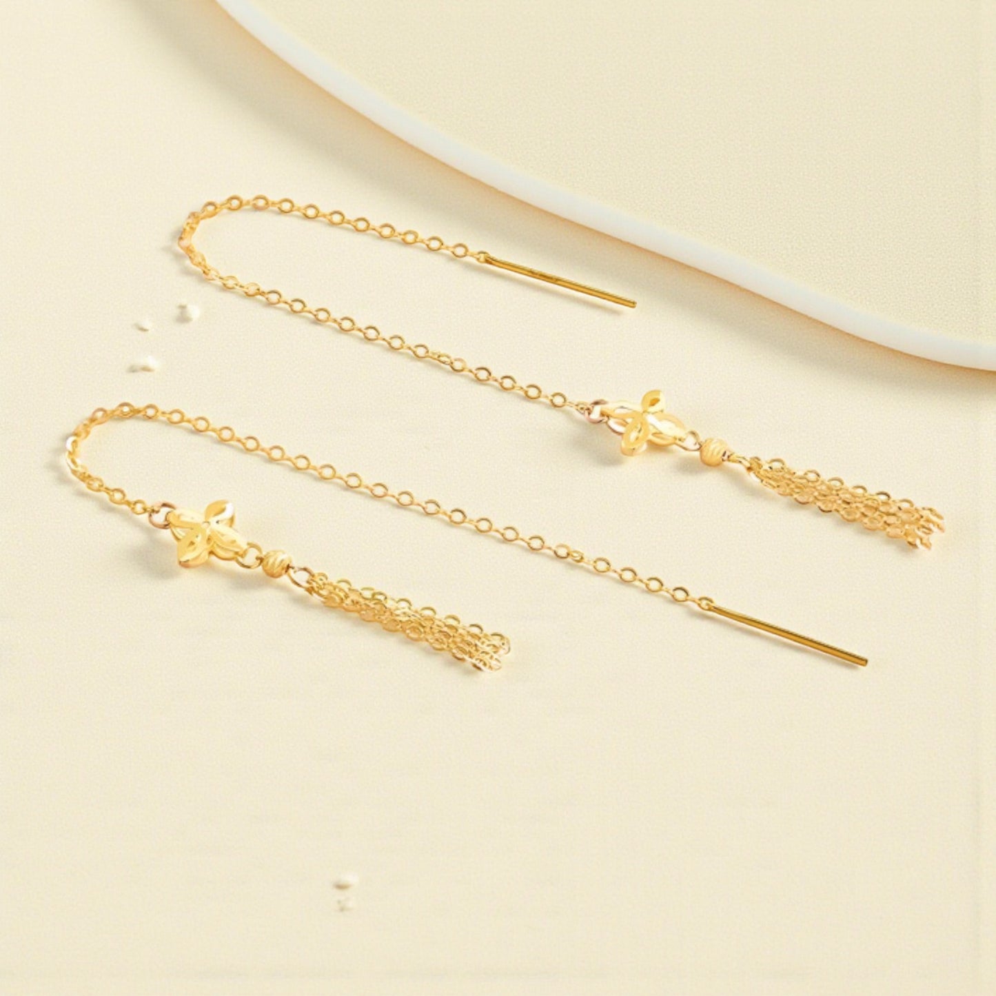 18K Gold Trendy Four Leaf Clover Charm Chain Long Tassel Threader or Stud Earrings