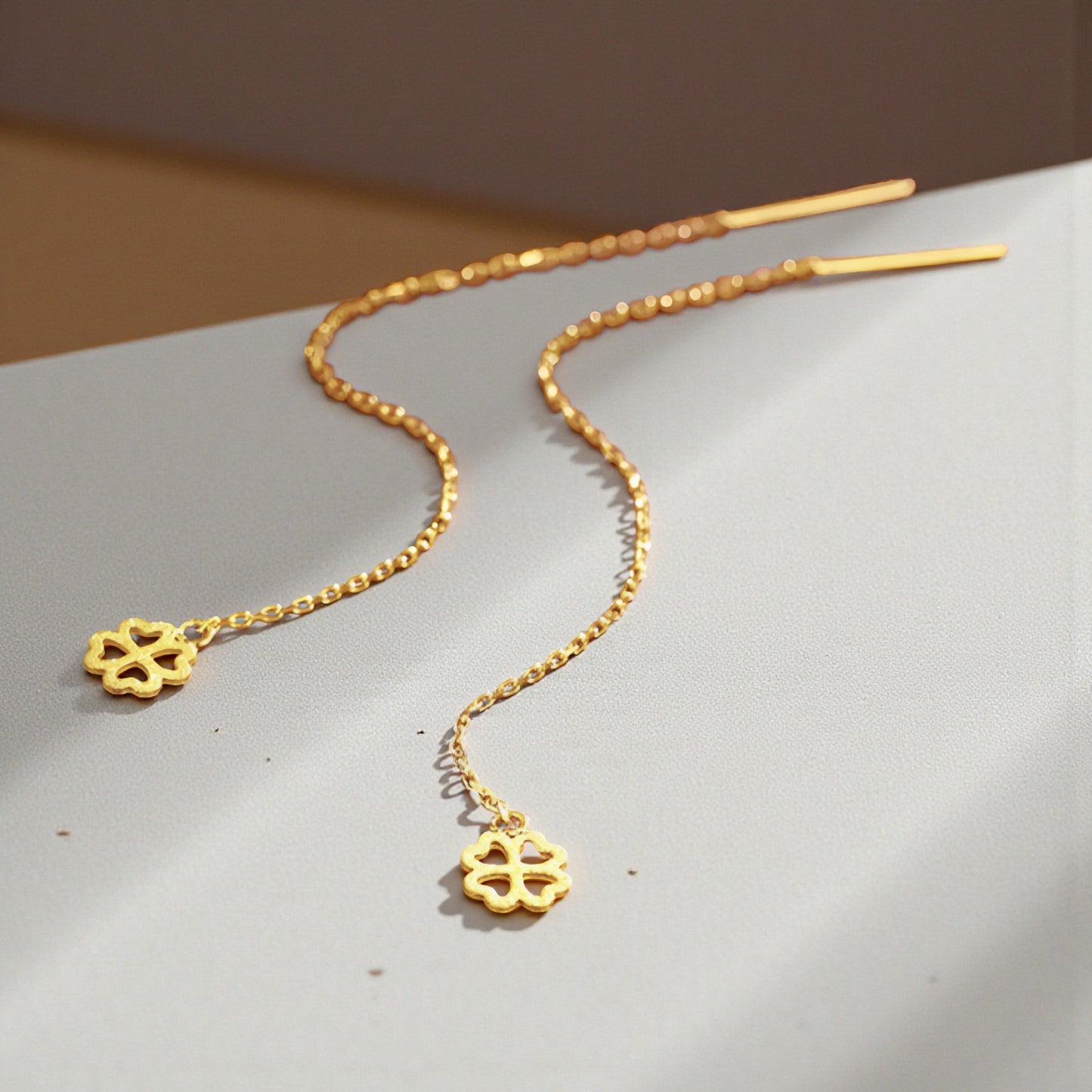 24K Pure Gold Trendy Lucky Clover Threader Chain Earrings