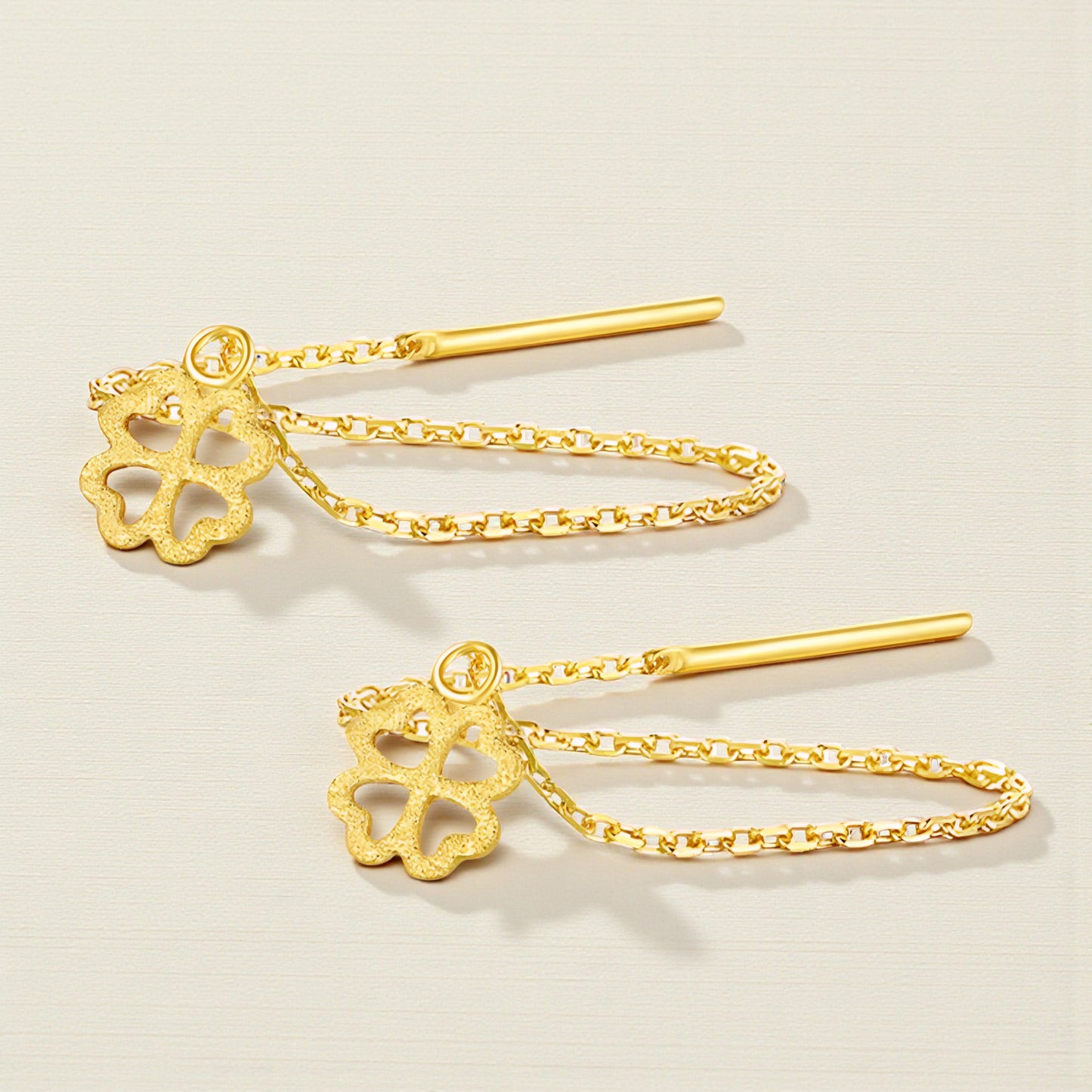 24K Pure Gold Trendy Lucky Clover Threader Chain Earrings