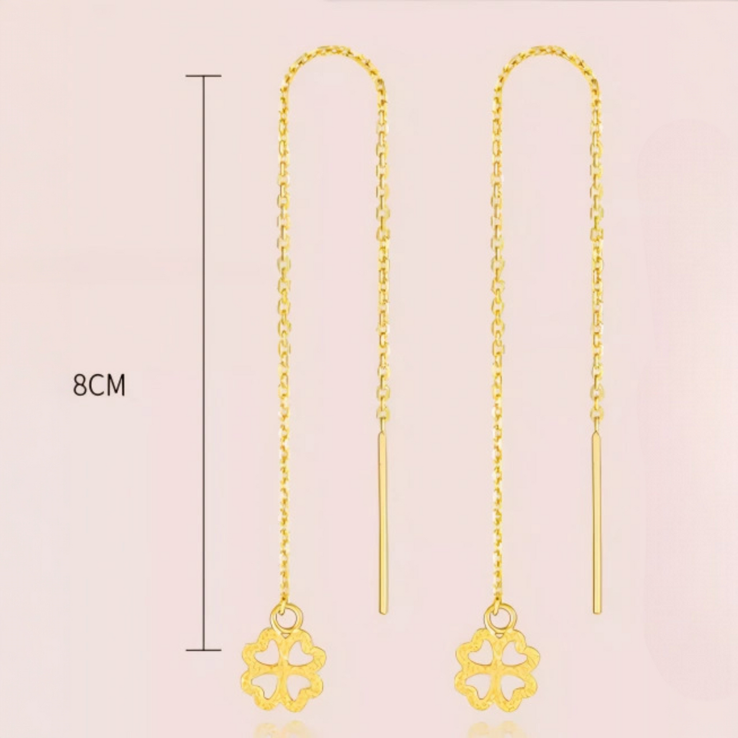 24K Pure Gold Trendy Lucky Clover Threader Chain Earrings