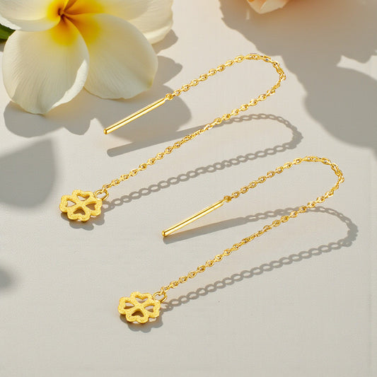 24K Pure Gold Trendy Lucky Clover Threader Chain Earrings
