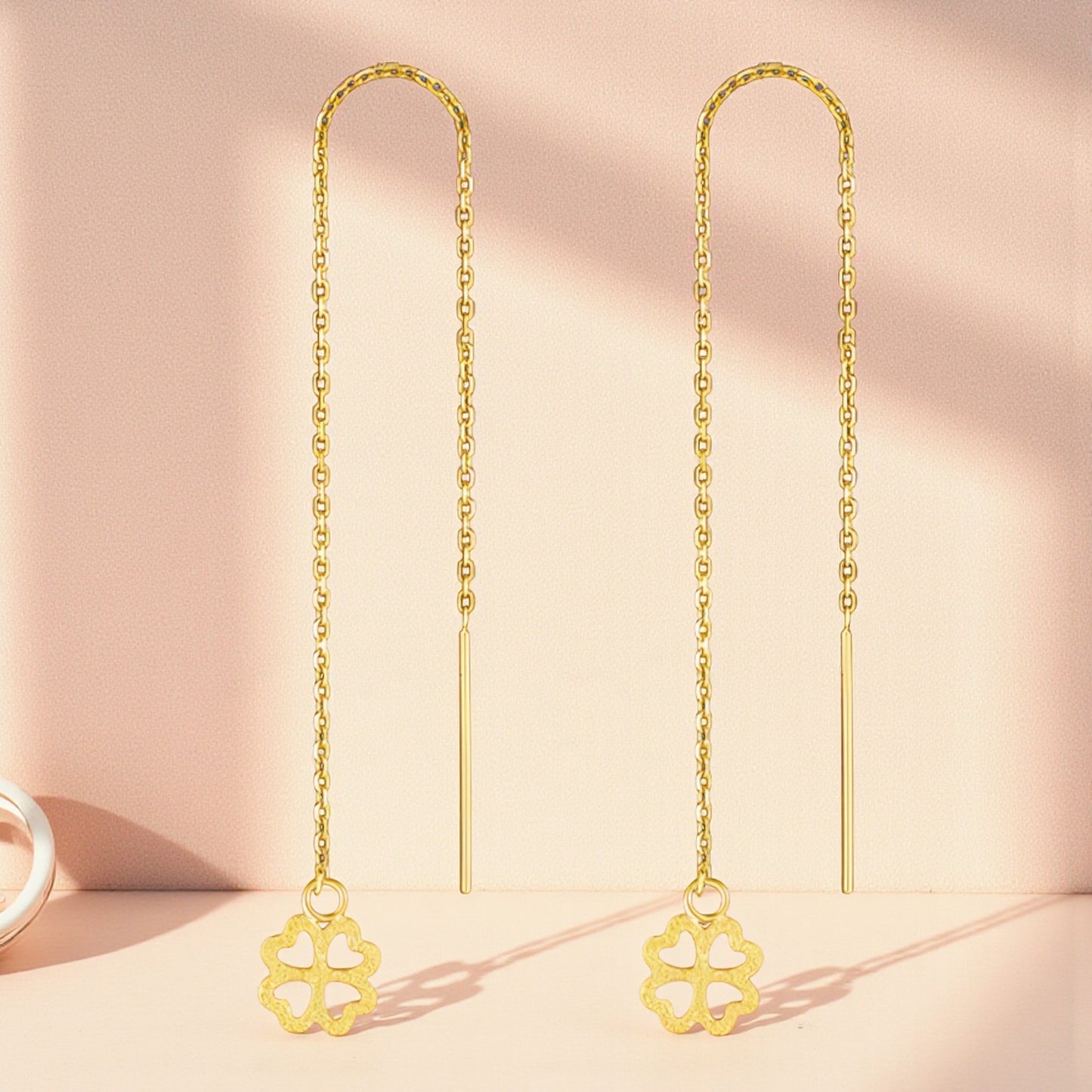 24K Pure Gold Trendy Lucky Clover Threader Chain Earrings