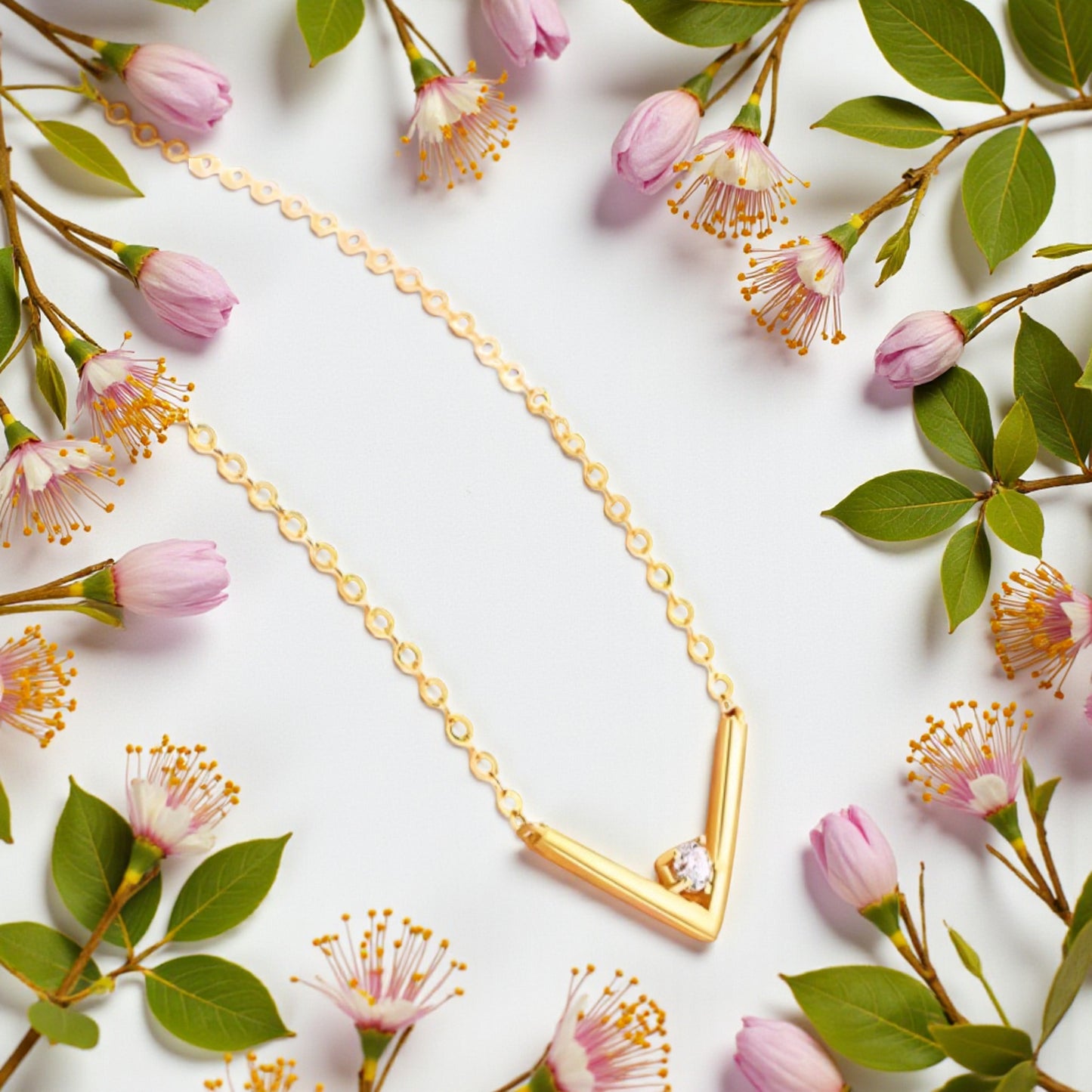 18K Gold Genuine Diamond V Shape Minimal Pendant Luxurious charm Necklace