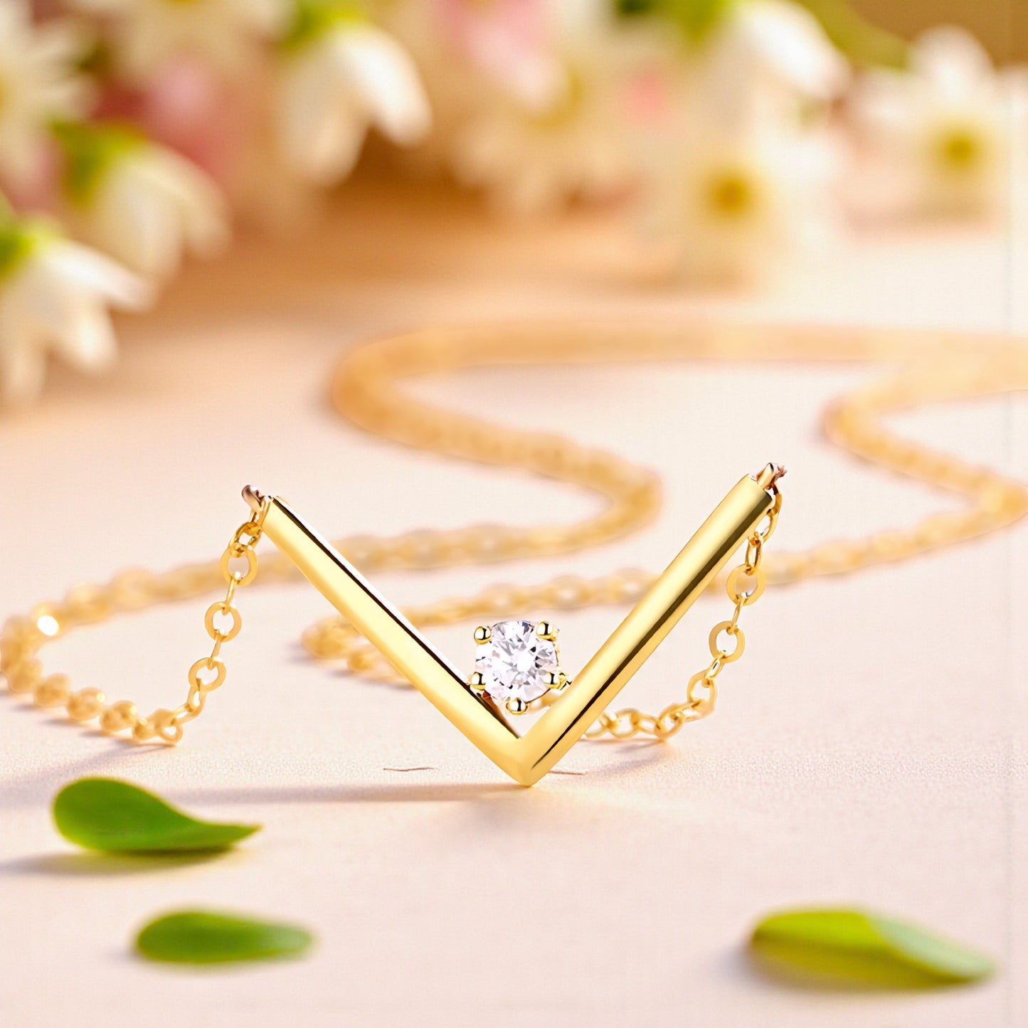 18K Gold Genuine Diamond V Shape Minimal Pendant Luxurious charm Necklace