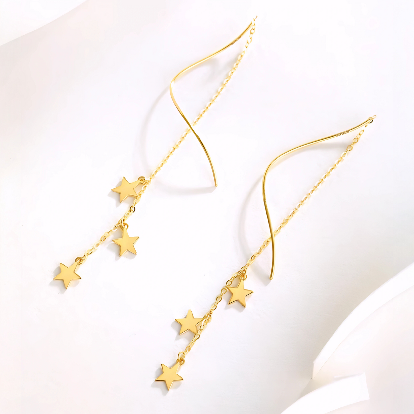 18K Yellow Gold Rose Gold Trendy Star Charm Wave Tassel Threader Earrings