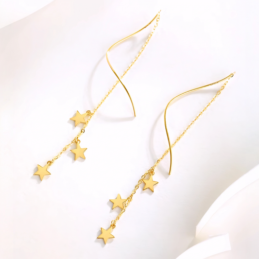 18K Yellow Gold Rose Gold Trendy Star Charm Wave Tassel Threader Earrings