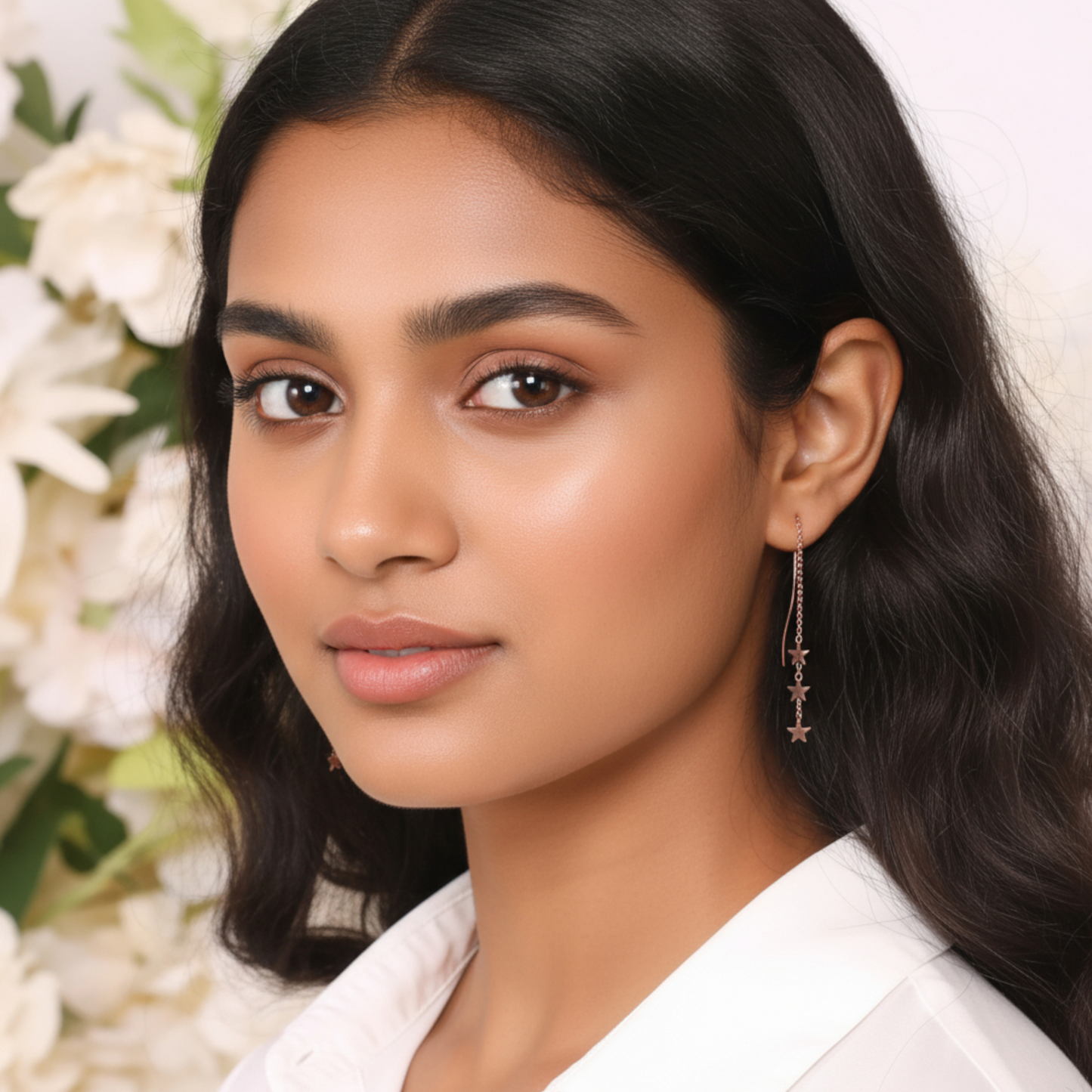 18K Yellow Gold Rose Gold Trendy Star Charm Wave Tassel Threader Earrings