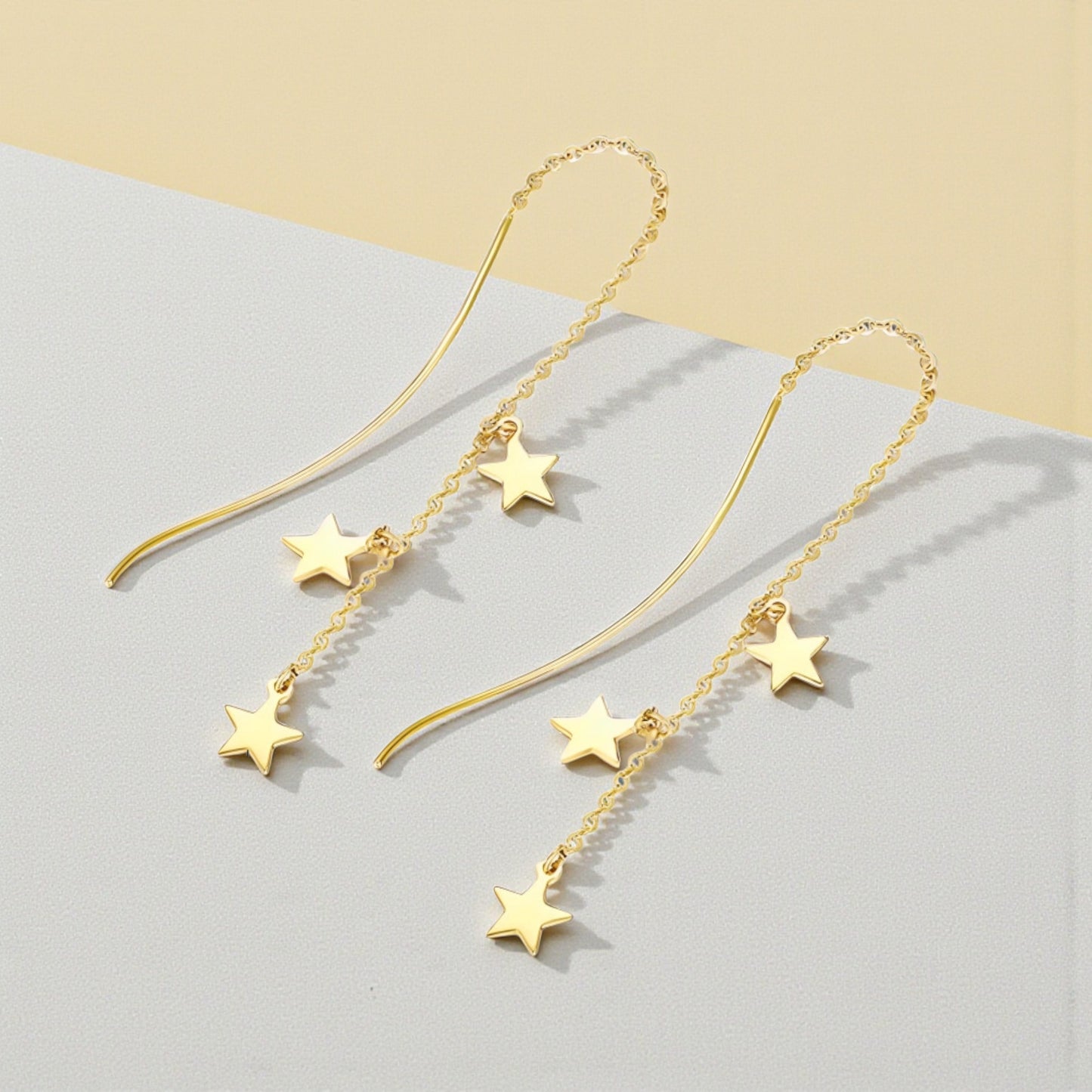 18K Yellow Gold Rose Gold Trendy Star Charm Wave Tassel Threader Earrings
