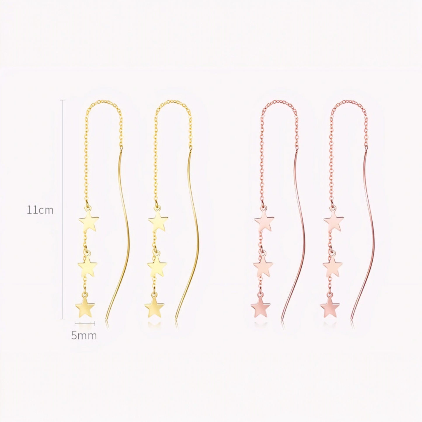 18K Yellow Gold Rose Gold Trendy Star Charm Wave Tassel Threader Earrings