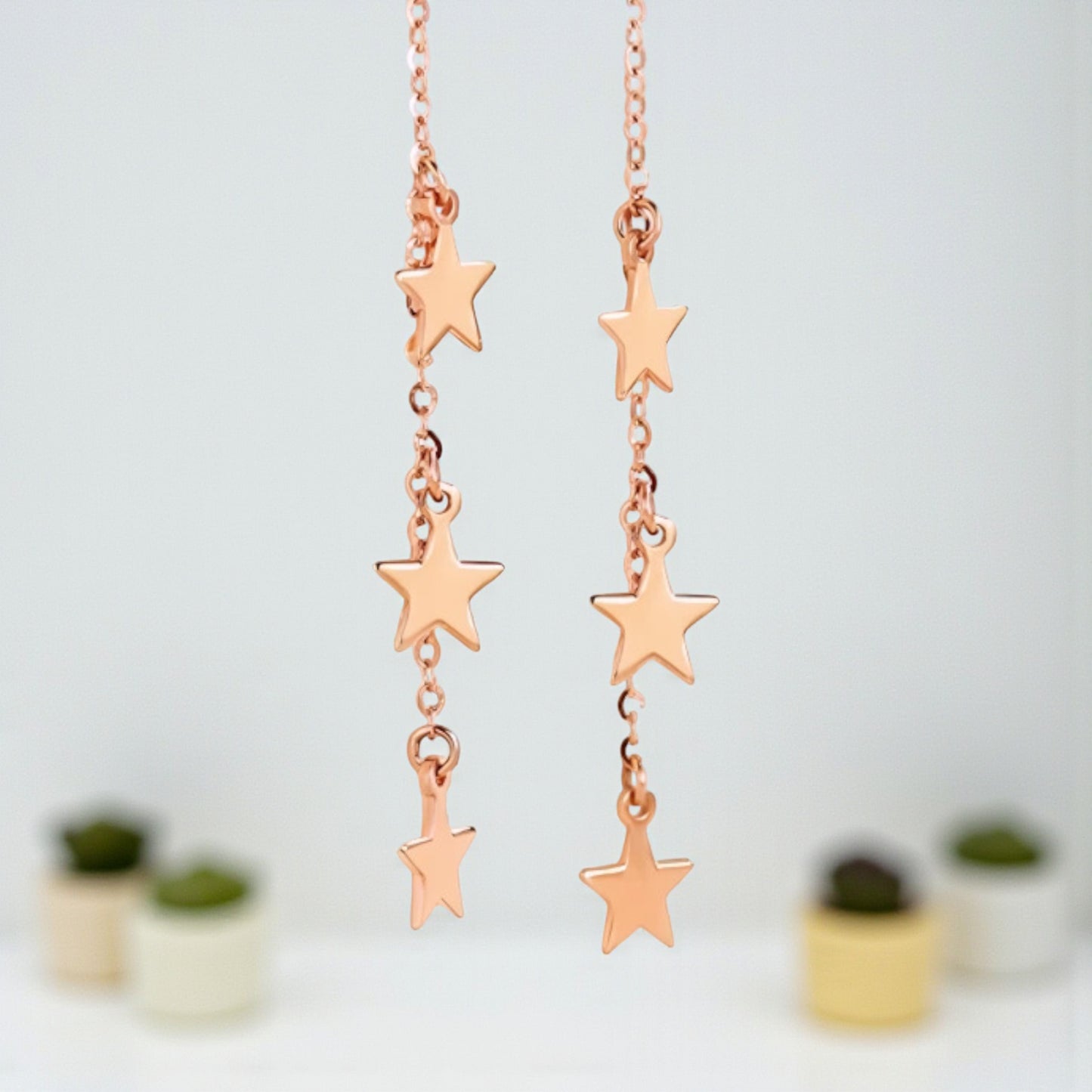 18K Yellow Gold Rose Gold Trendy Star Charm Wave Tassel Threader Earrings