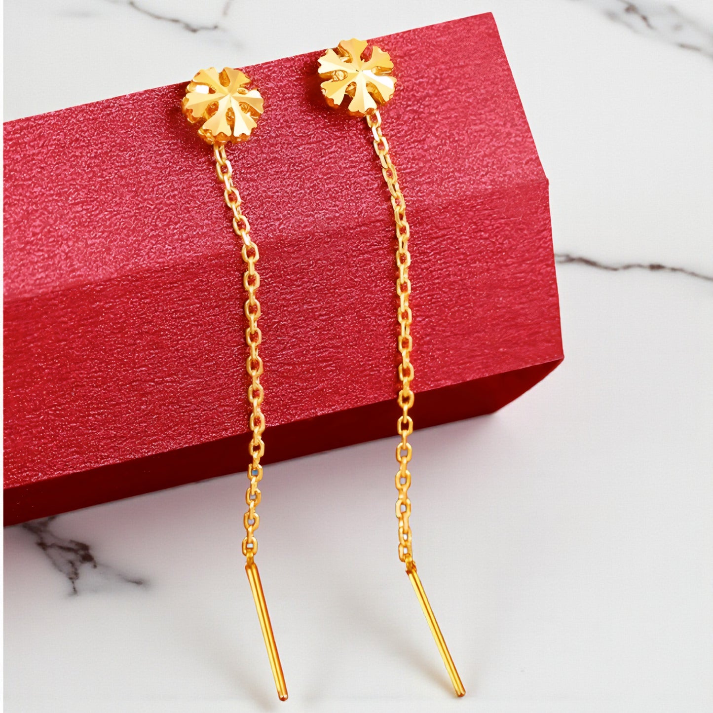 24K Gold Trendy Snowflake Snow Holiday Winter Threader Chain Tassel Earrings