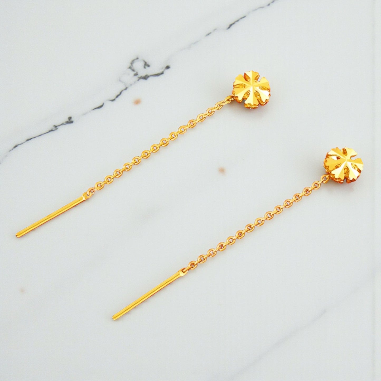 24K Gold Trendy Snowflake Snow Holiday Winter Threader Chain Tassel Earrings