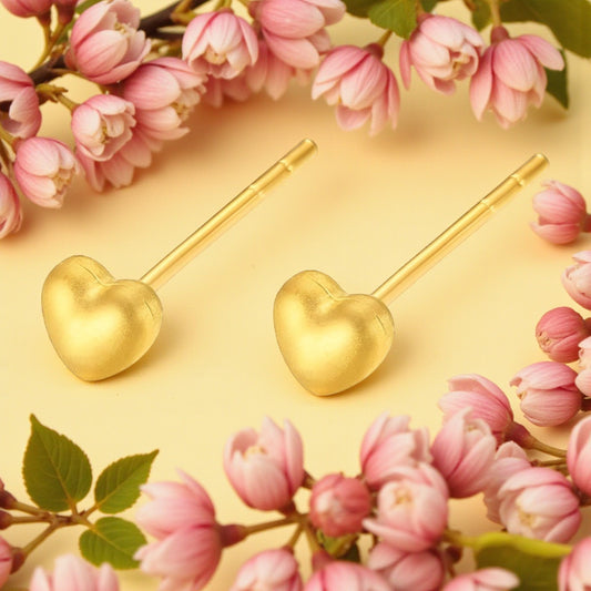 24K 999 Gold Minimal Simple Frosted Heart Stud Earrings