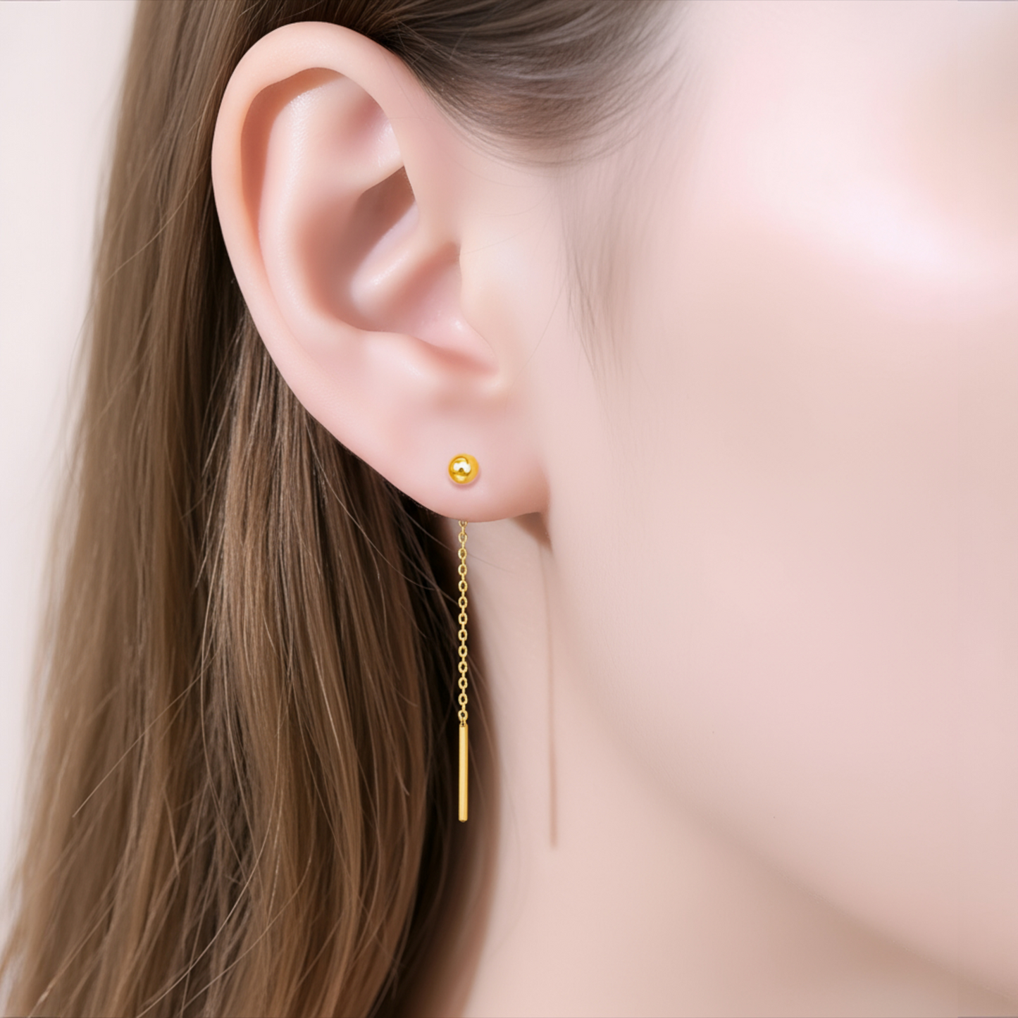 24K Gold Trendy Minimal Bead Threader Chain Earrings
