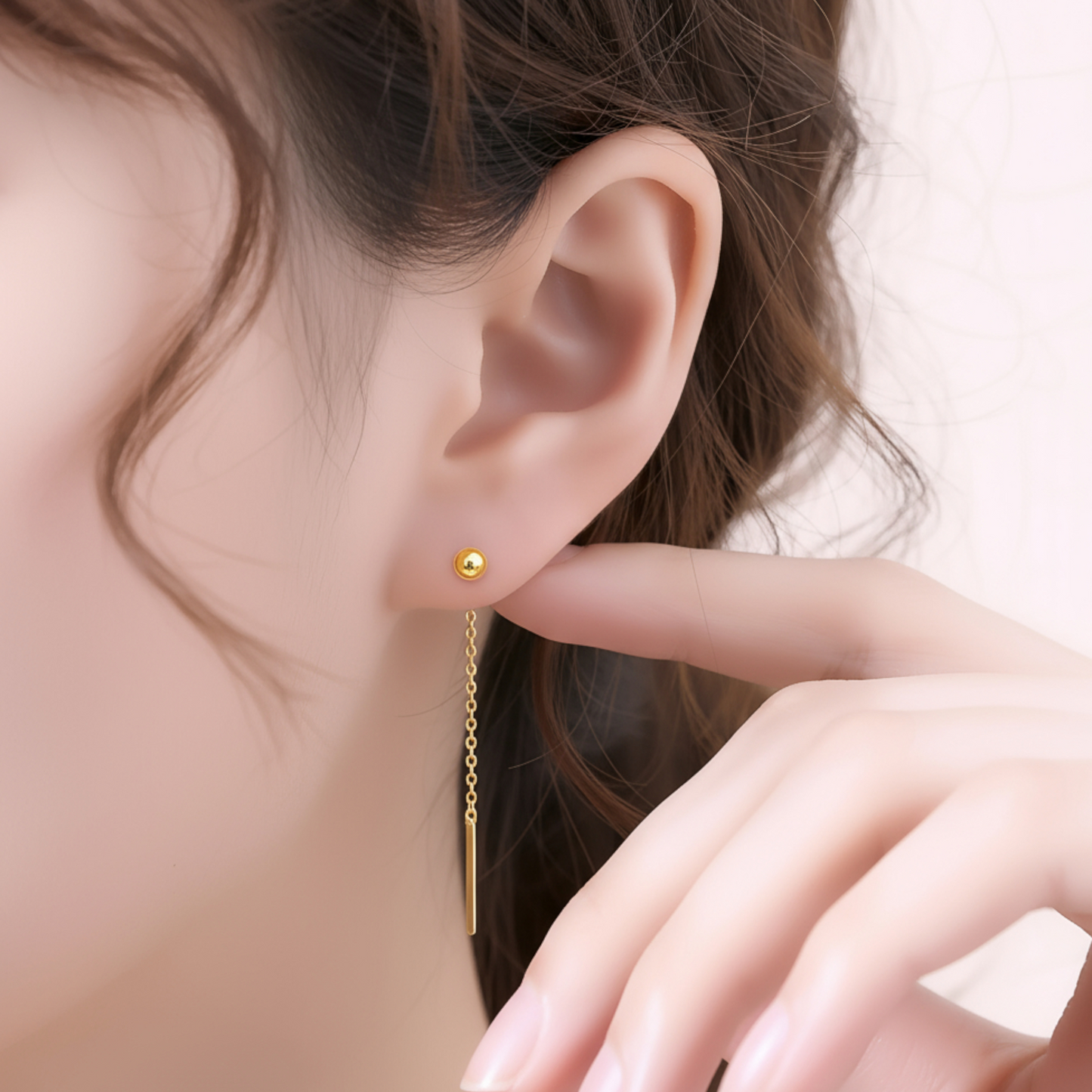 24K Gold Trendy Minimal Bead Threader Chain Earrings