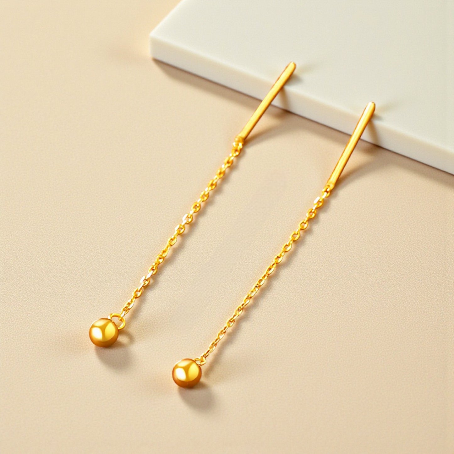 24K Gold Trendy Minimal Bead Threader Chain Earrings