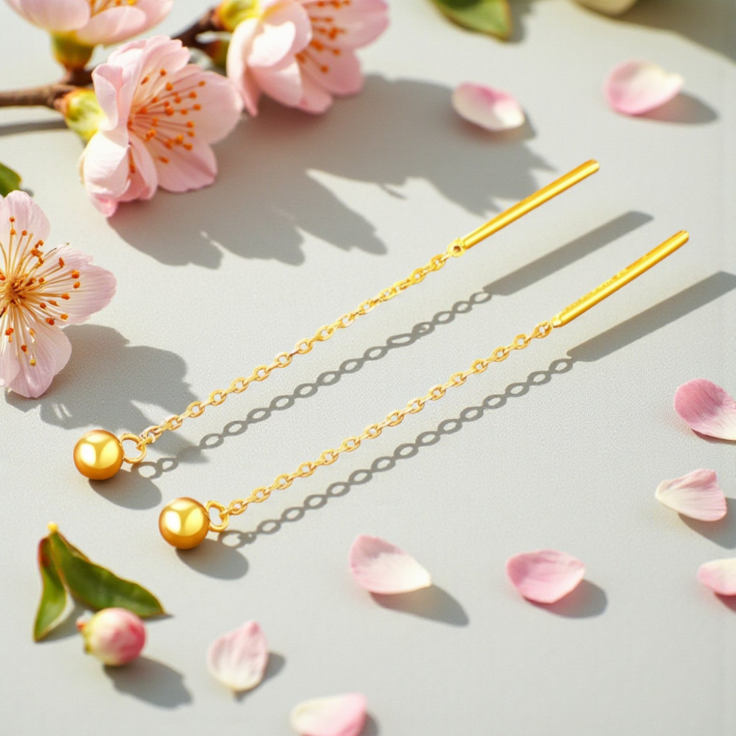 24K Gold Trendy Minimal Bead Threader Chain Earrings