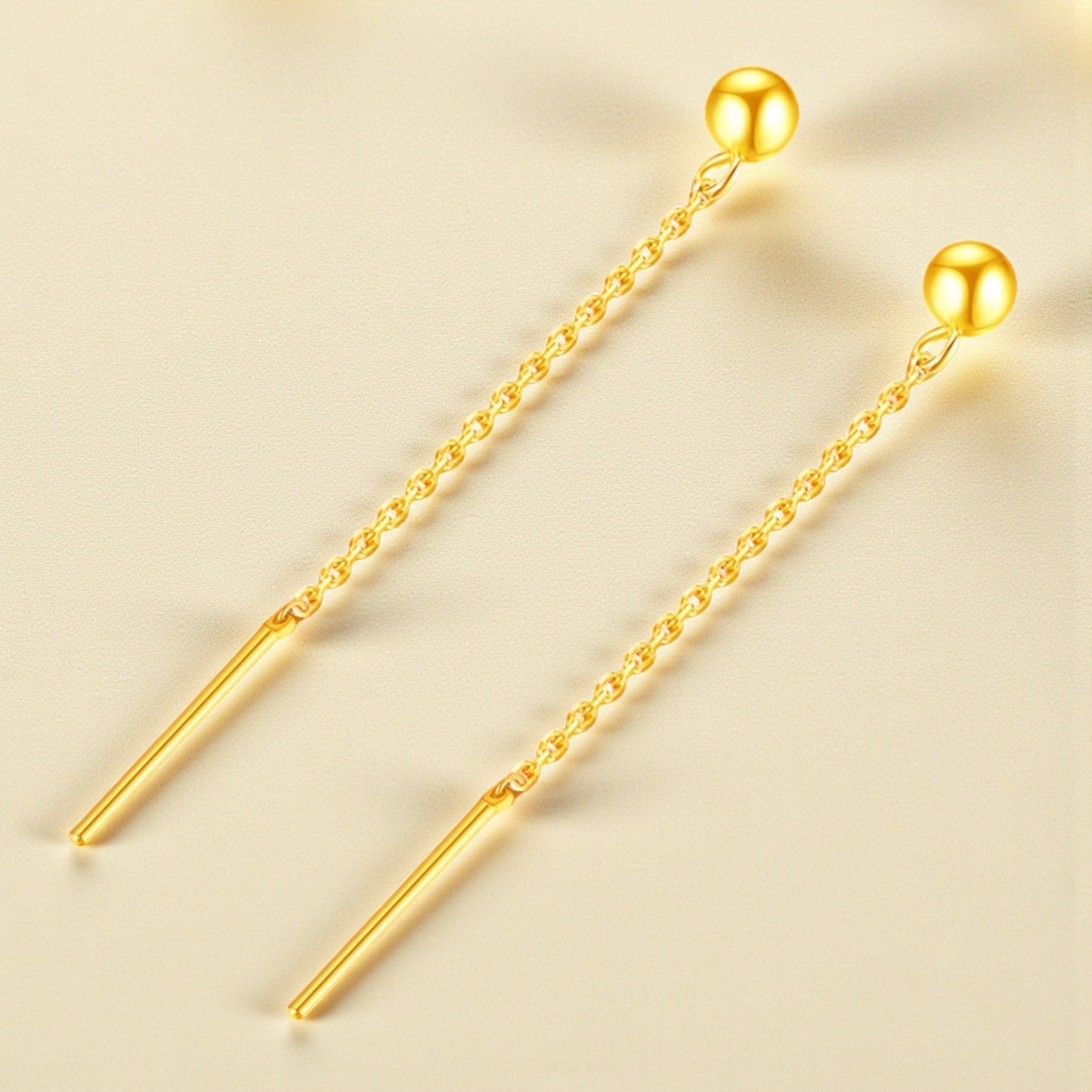 24K Gold Trendy Minimal Bead Threader Chain Earrings