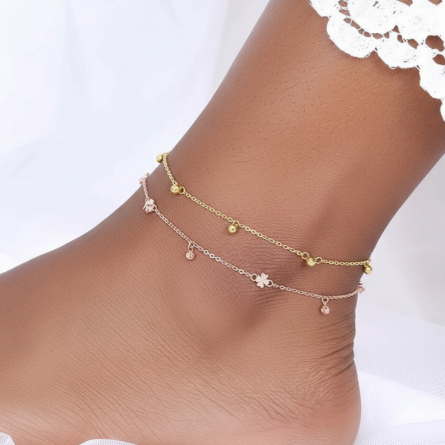 18K Yellow Gold Rose Gold Minimal Star Charm Beads Anklet