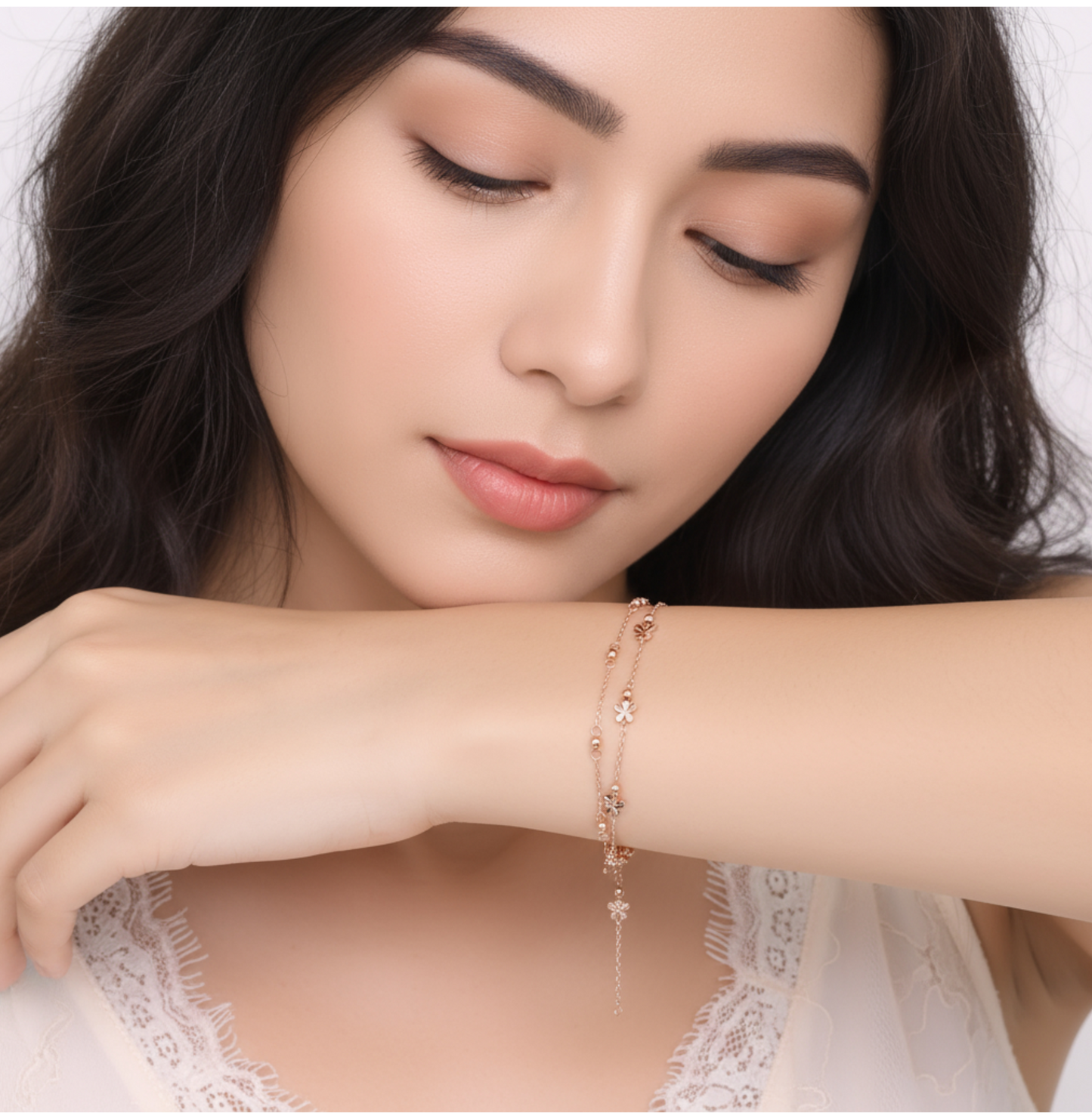 18K Yellow Gold Rose Gold Beads Butterfly Charm Double Layer Bracelet