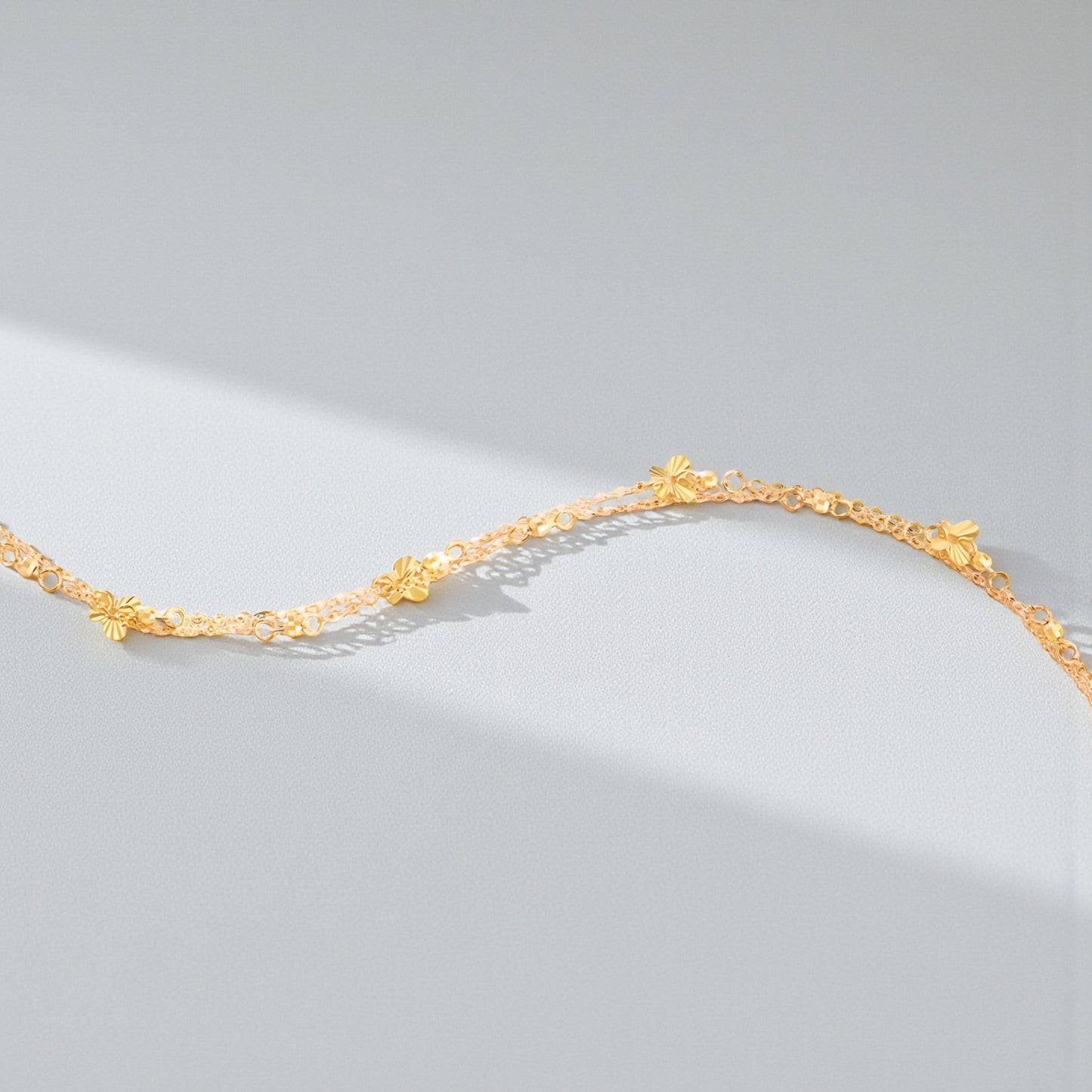 18K Yellow Gold Rose Gold Beads Butterfly Charm Double Layer Bracelet