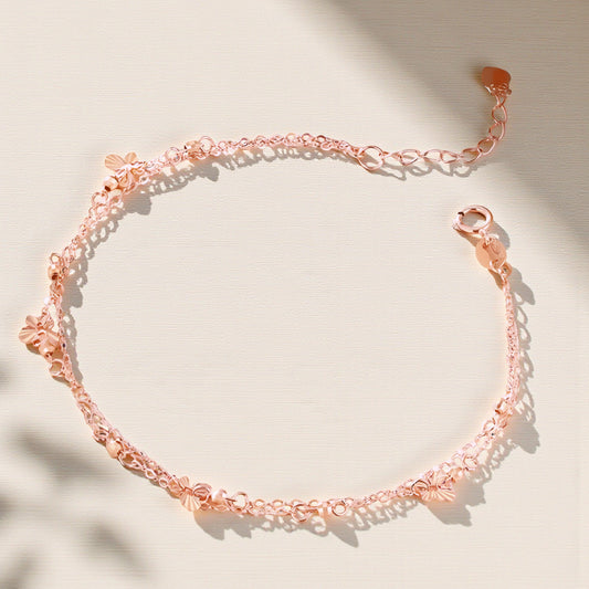 18K Yellow Gold Rose Gold Beads Butterfly Charm Double Layer Bracelet