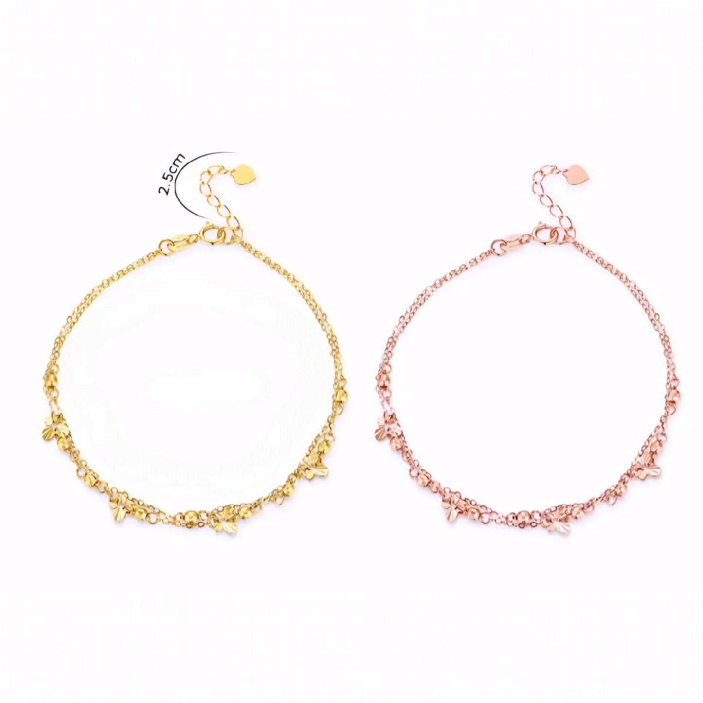 18K Yellow Gold Rose Gold Beads Butterfly Charm Double Layer Bracelet