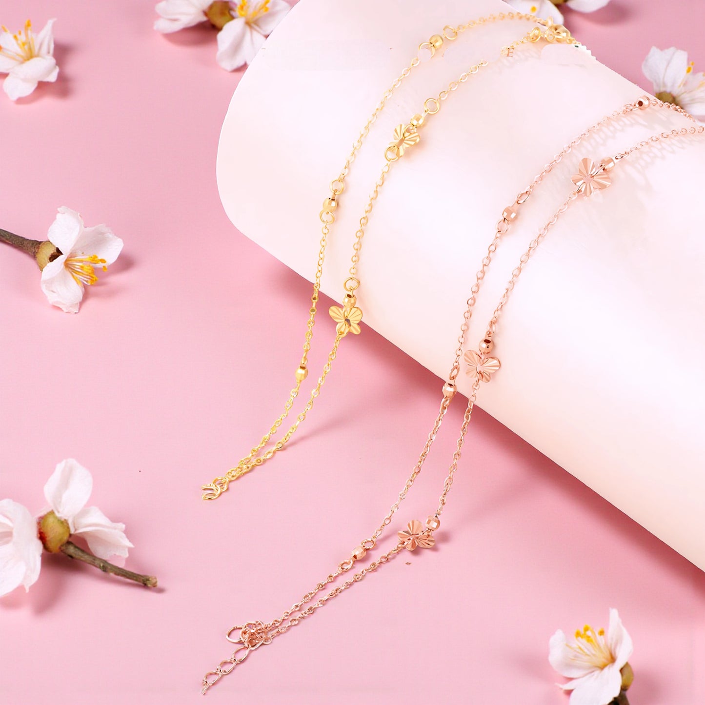 18K Yellow Gold Rose Gold Beads Butterfly Charm Double Layer Bracelet