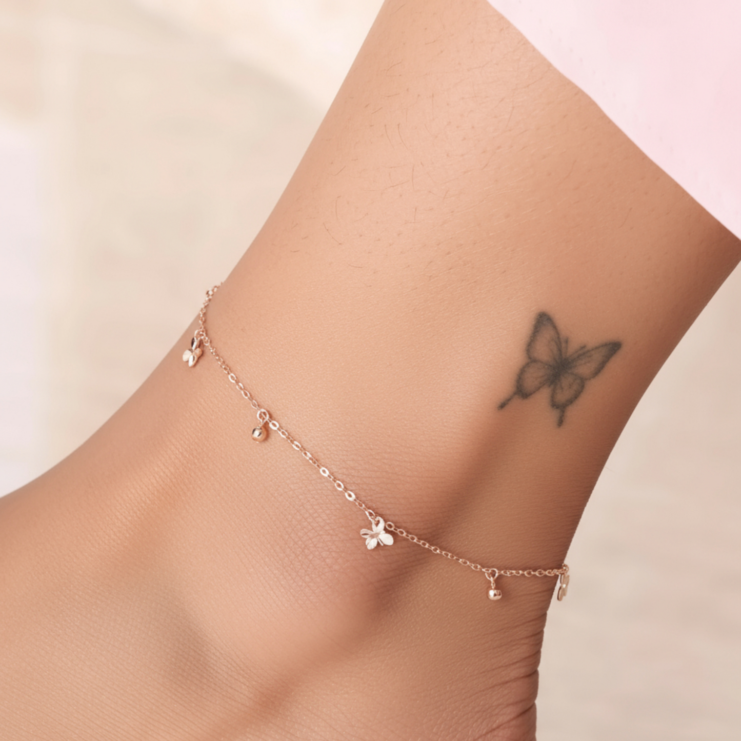 18K Yellow Gold Rose Gold Minimal Butterfly Charm Beads Anklet
