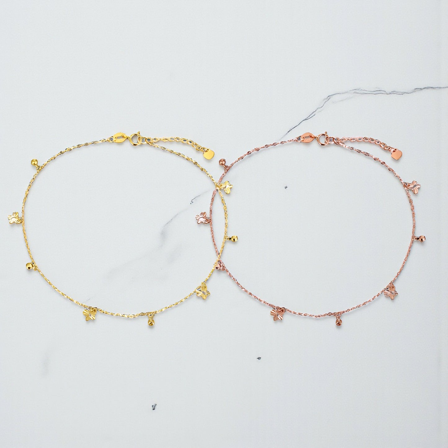 18K Yellow Gold Rose Gold Minimal Butterfly Charm Beads Anklet