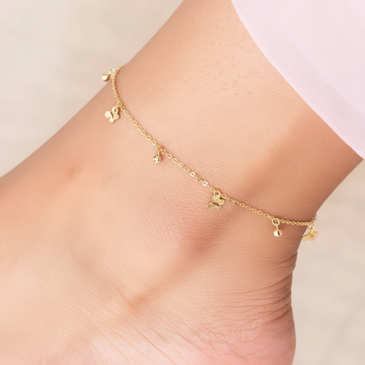 18K Yellow Gold Rose Gold Minimal Butterfly Charm Beads Anklet